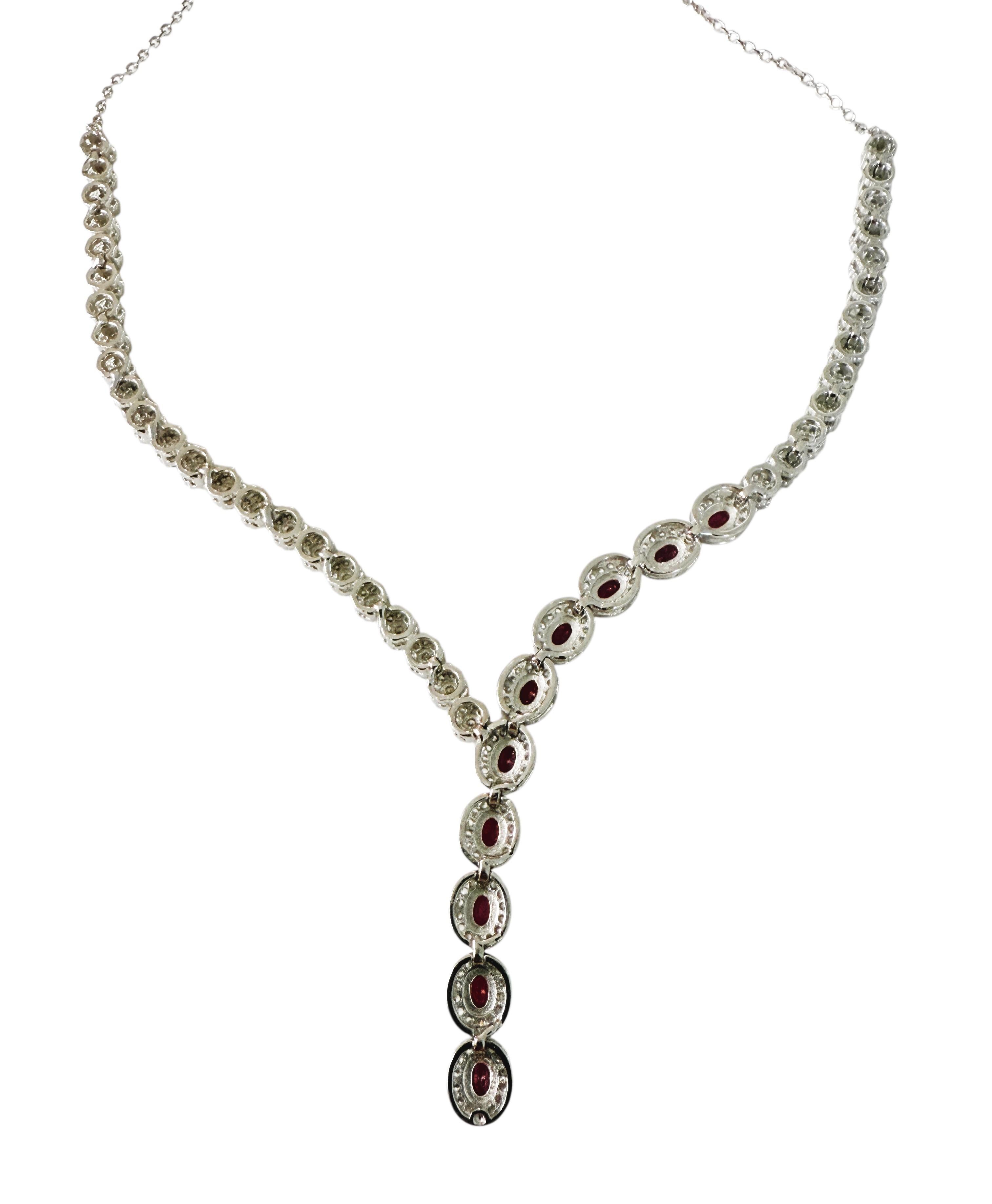 New 14k White Gold PL 10-Stone Ruby & Diamond Cut Sapphire Sterling Necklace in vendita 4