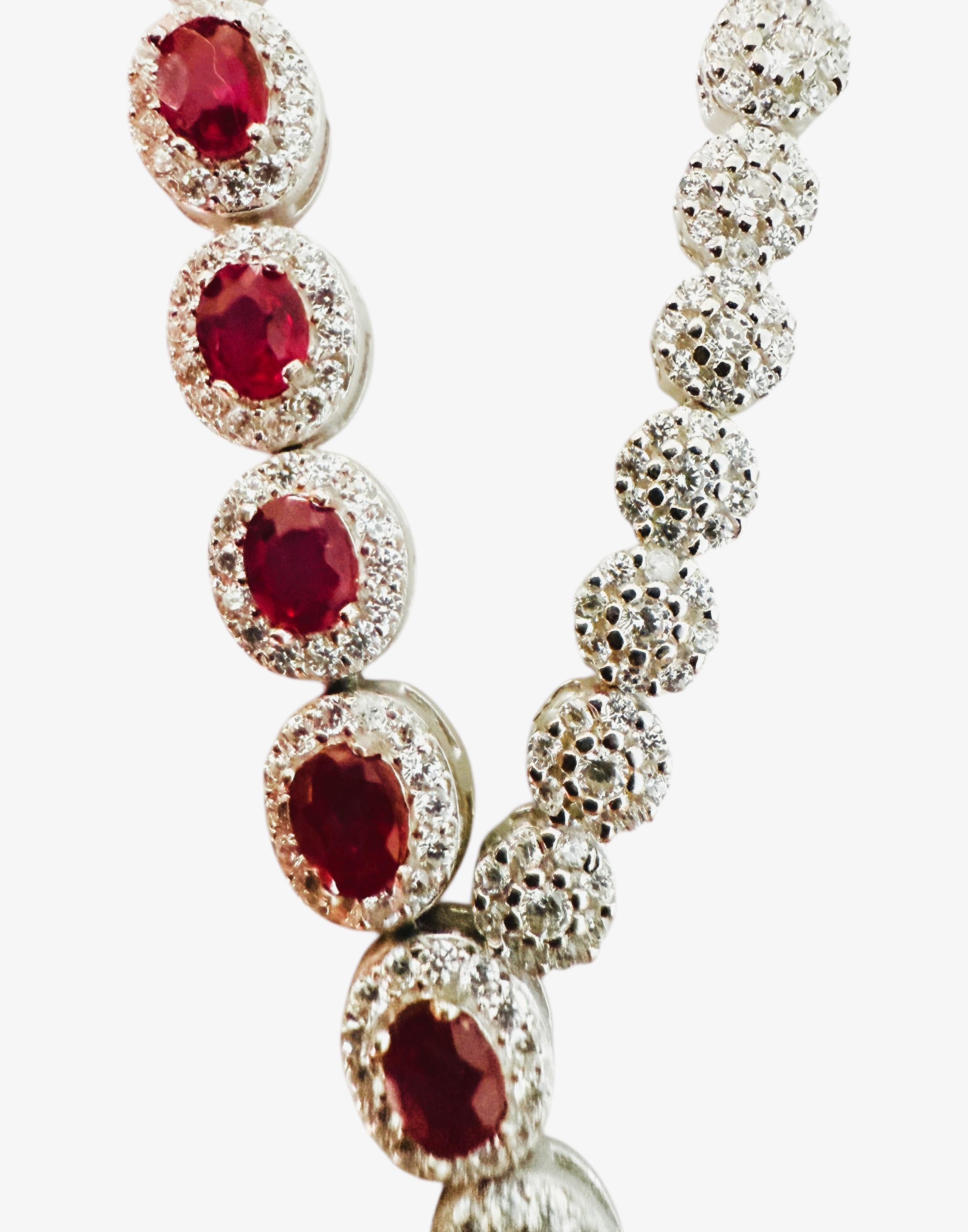 New 14k White Gold PL 10-Stone Ruby & Diamond Cut Sapphire Sterling Necklace in vendita 5