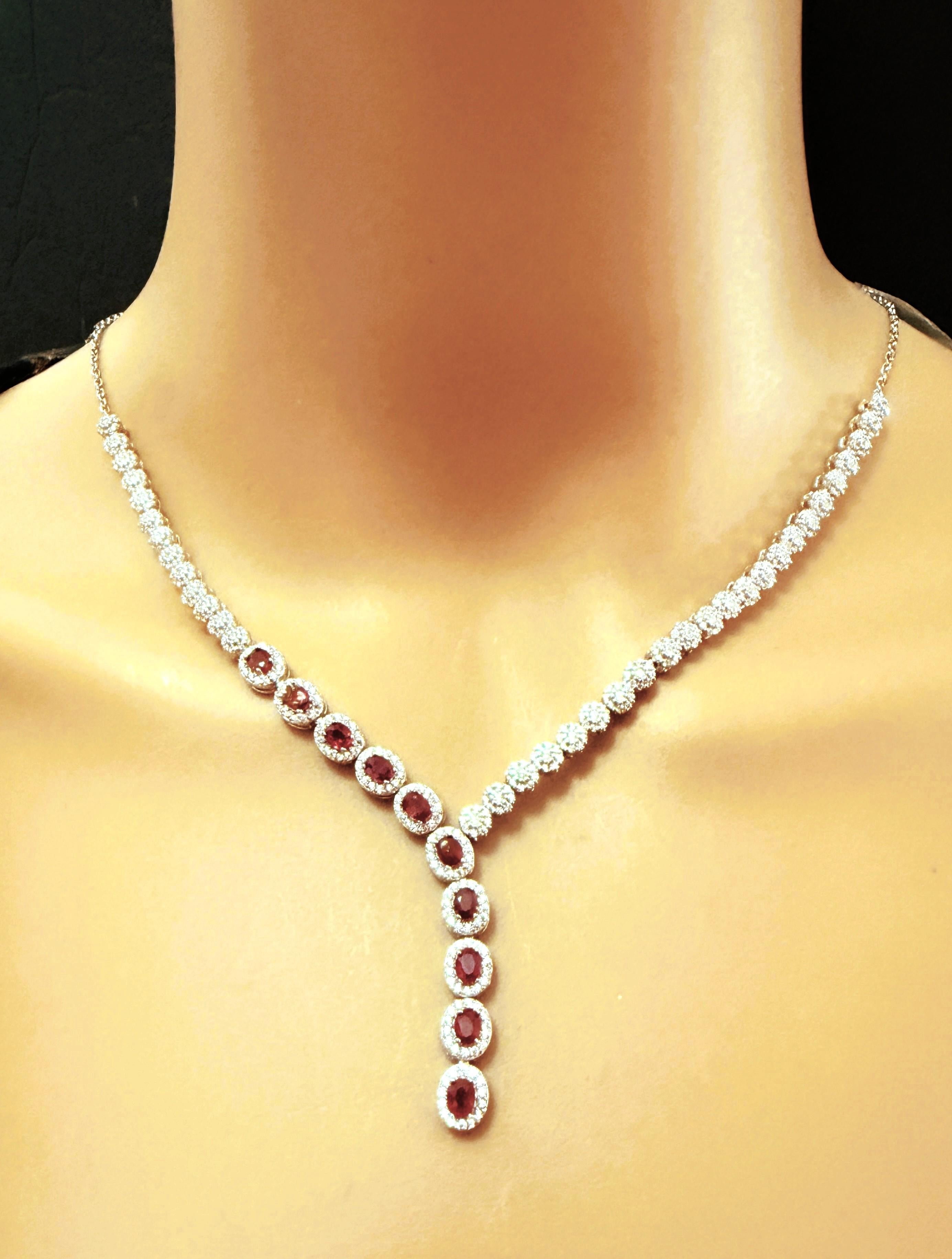 Art Déco New 14k White Gold PL 10-Stone Ruby & Diamond Cut Sapphire Sterling Necklace in vendita