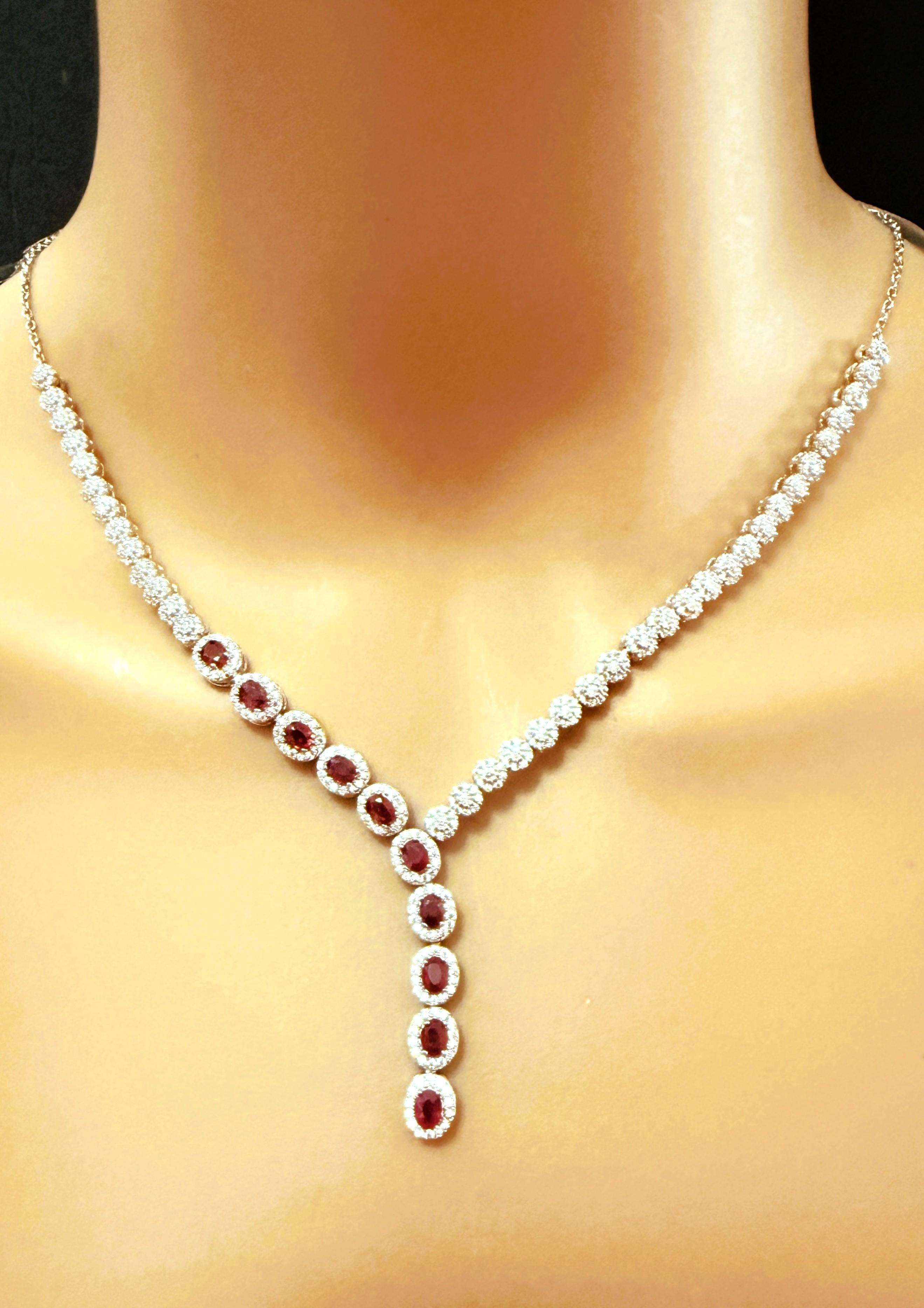 Taglio ovale New 14k White Gold PL 10-Stone Ruby & Diamond Cut Sapphire Sterling Necklace in vendita