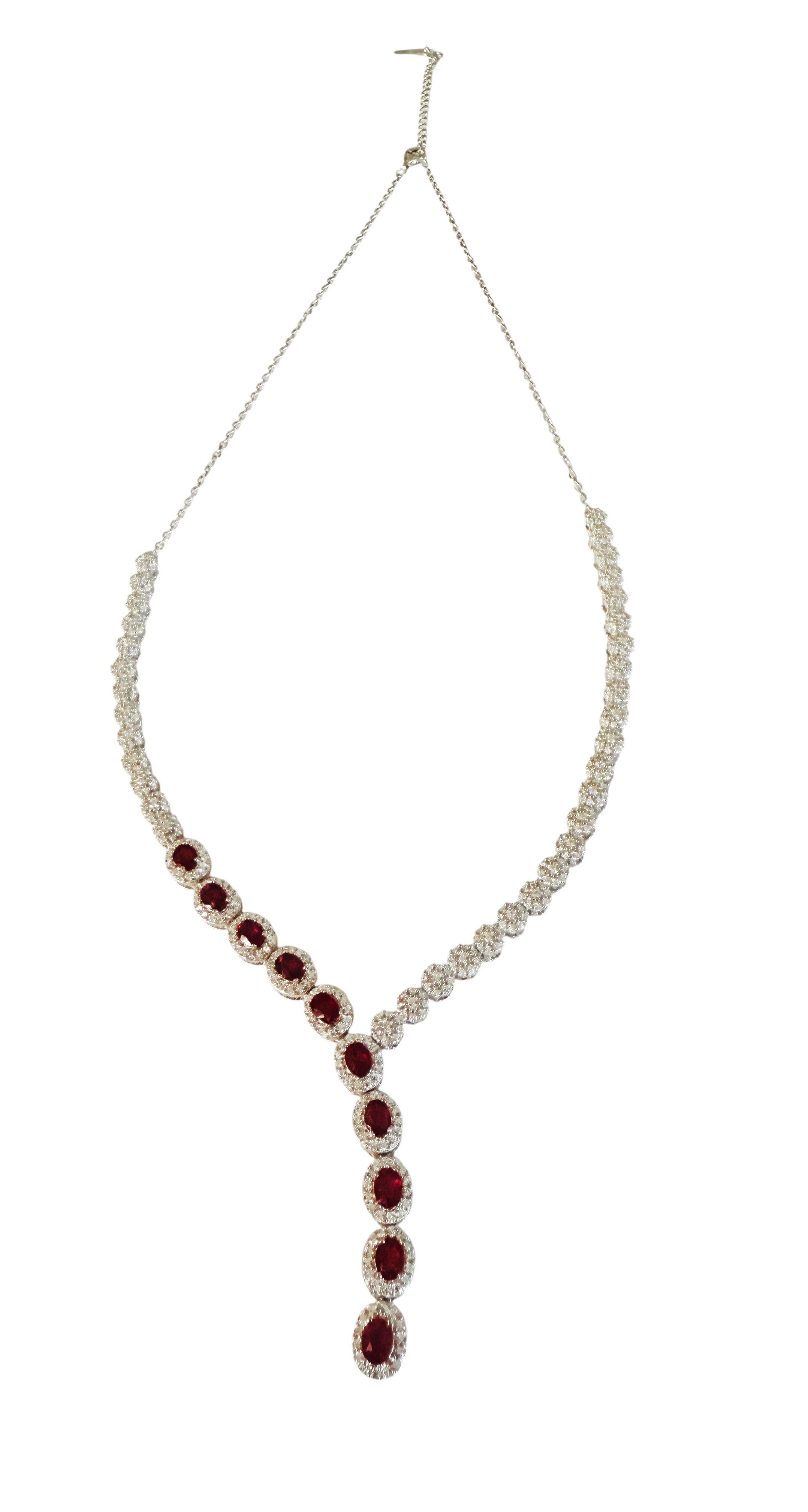 Donna New 14k White Gold PL 10-Stone Ruby & Diamond Cut Sapphire Sterling Necklace in vendita