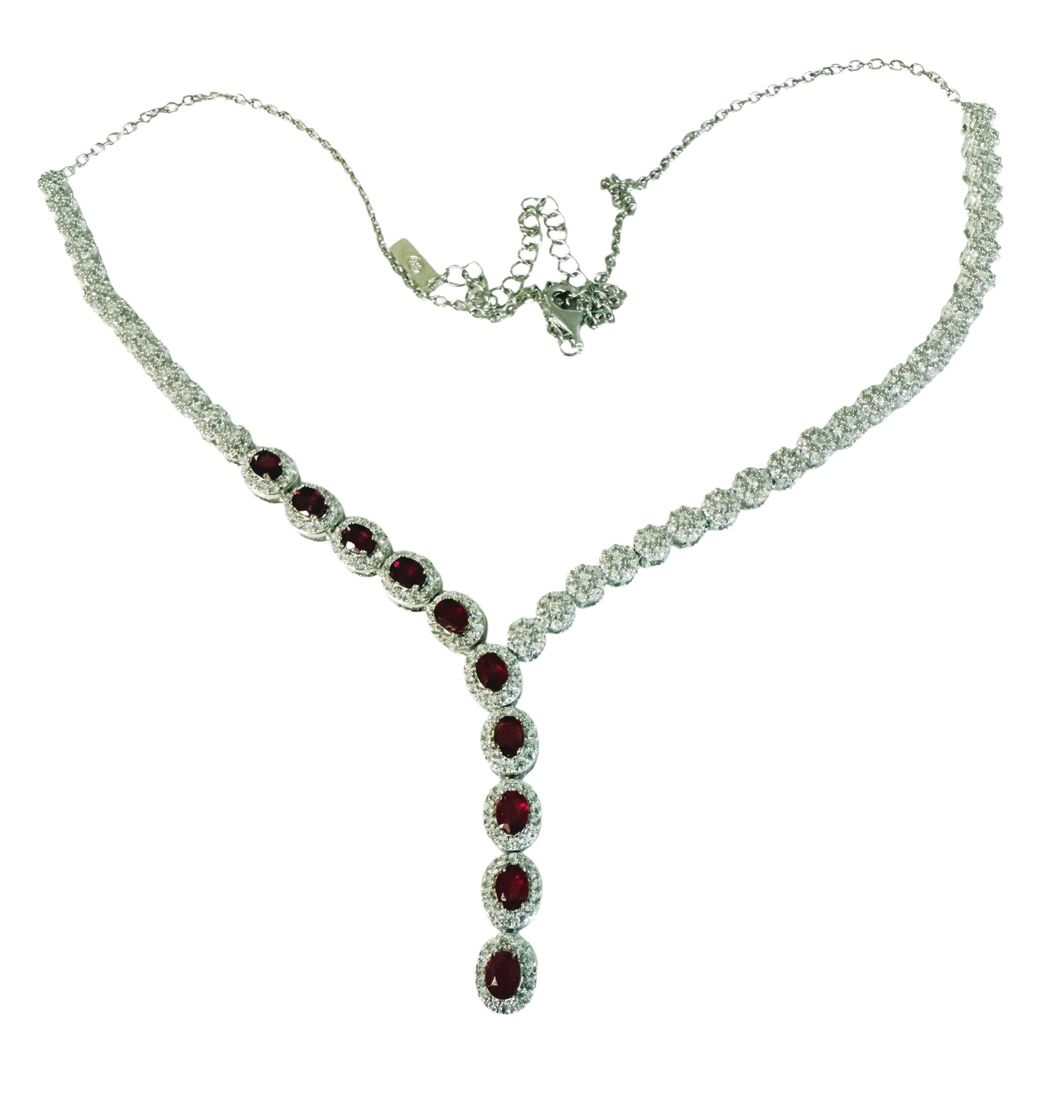 New 14k White Gold PL 10-Stone Ruby & Diamond Cut Sapphire Sterling Necklace in vendita 1