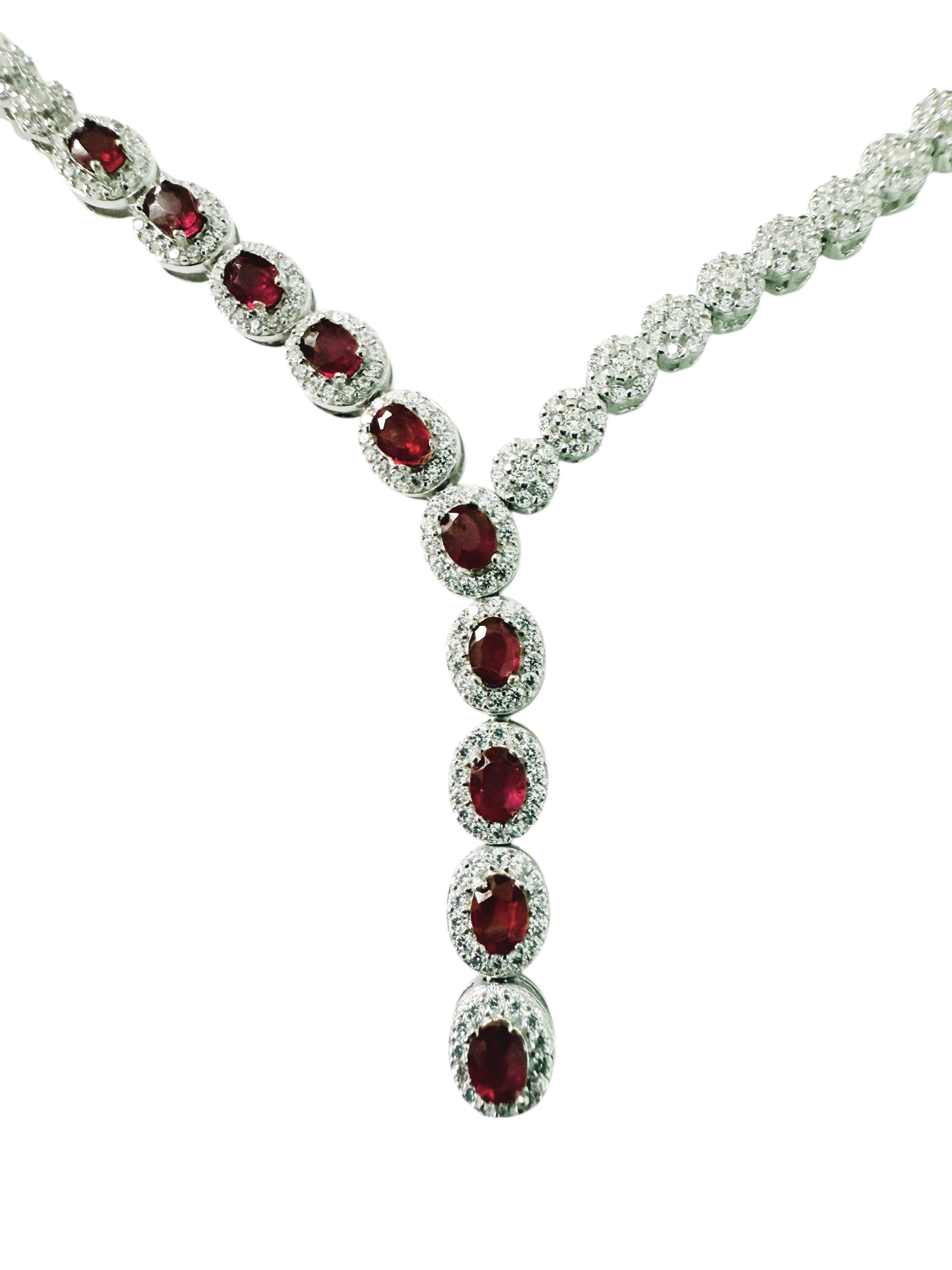 New 14k White Gold PL 10-Stone Ruby & Diamond Cut Sapphire Sterling Necklace in vendita 2