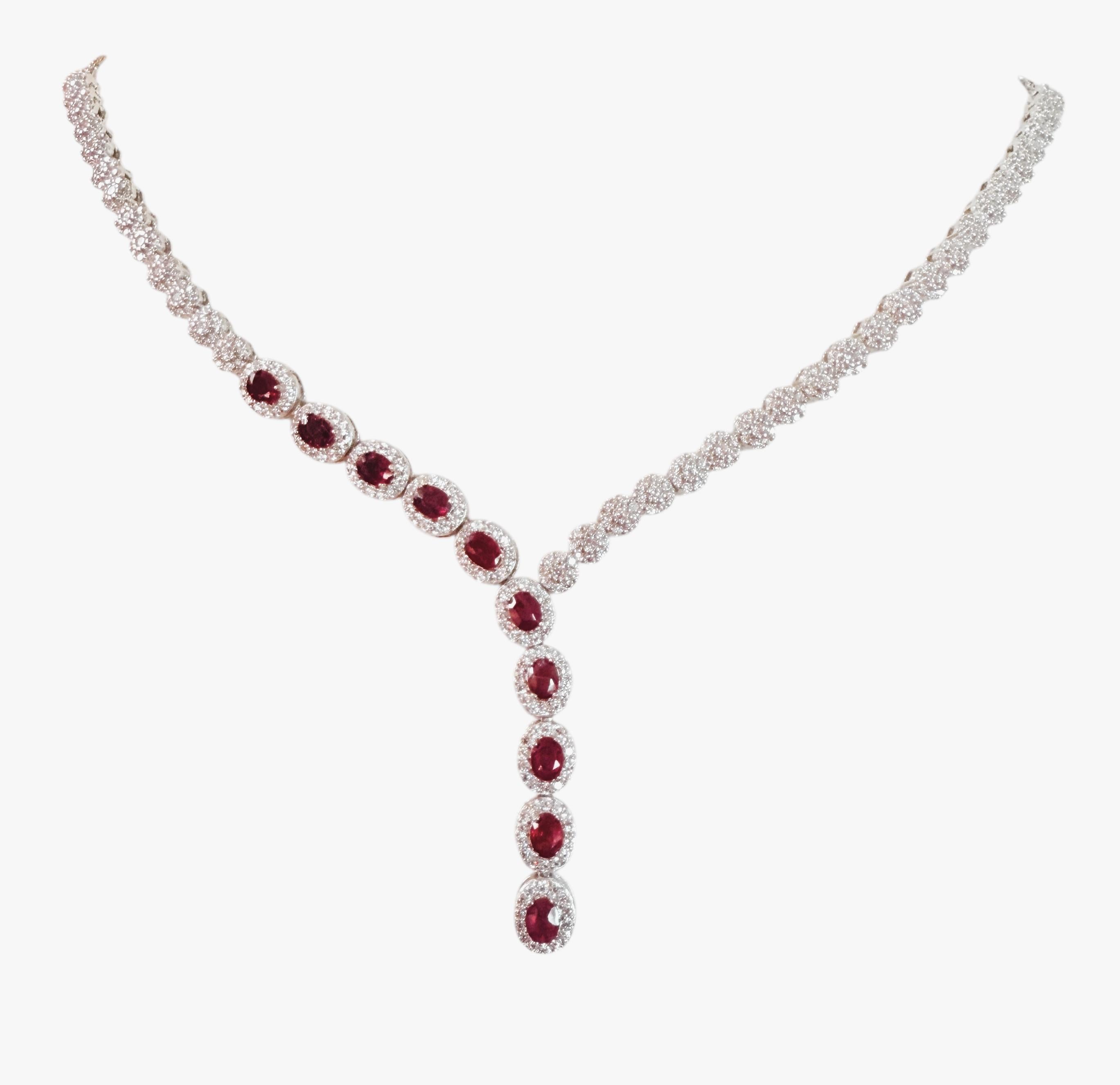 New 14k White Gold PL 10-Stone Ruby & Diamond Cut Sapphire Sterling Necklace in vendita 3