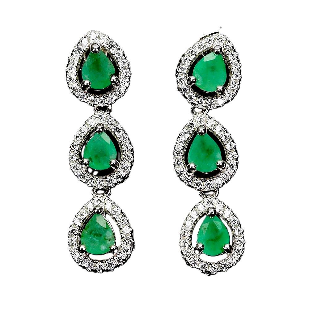 New 14k White Gold PL 2.1 Carat Emerald & Diamond Cut Sapphire Sterling Earring Pour femmes en vente