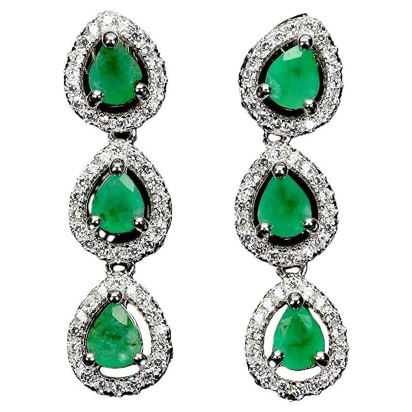 New 14k White Gold PL 2.1 Carat Emerald 
Diamond Cut Sapphire Sterling Earring For Sale
