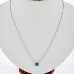 New 14K White Gold Rectangular Cut Prong Blue Zircon Solitaire Pendant & Chain