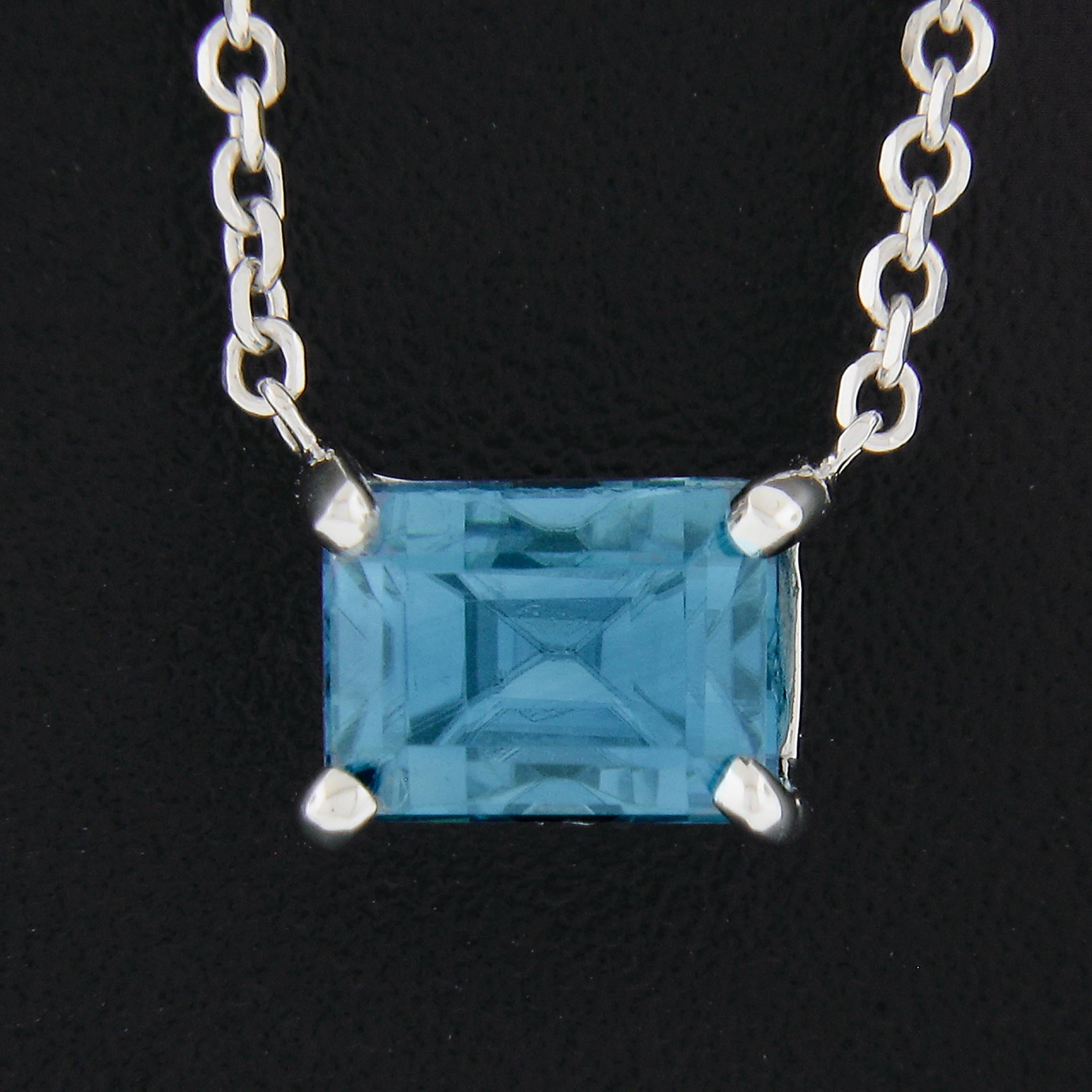 Emerald Cut New 14K White Gold Rectangular Cut Prong Blue Zircon Solitaire Pendant & Chain For Sale
