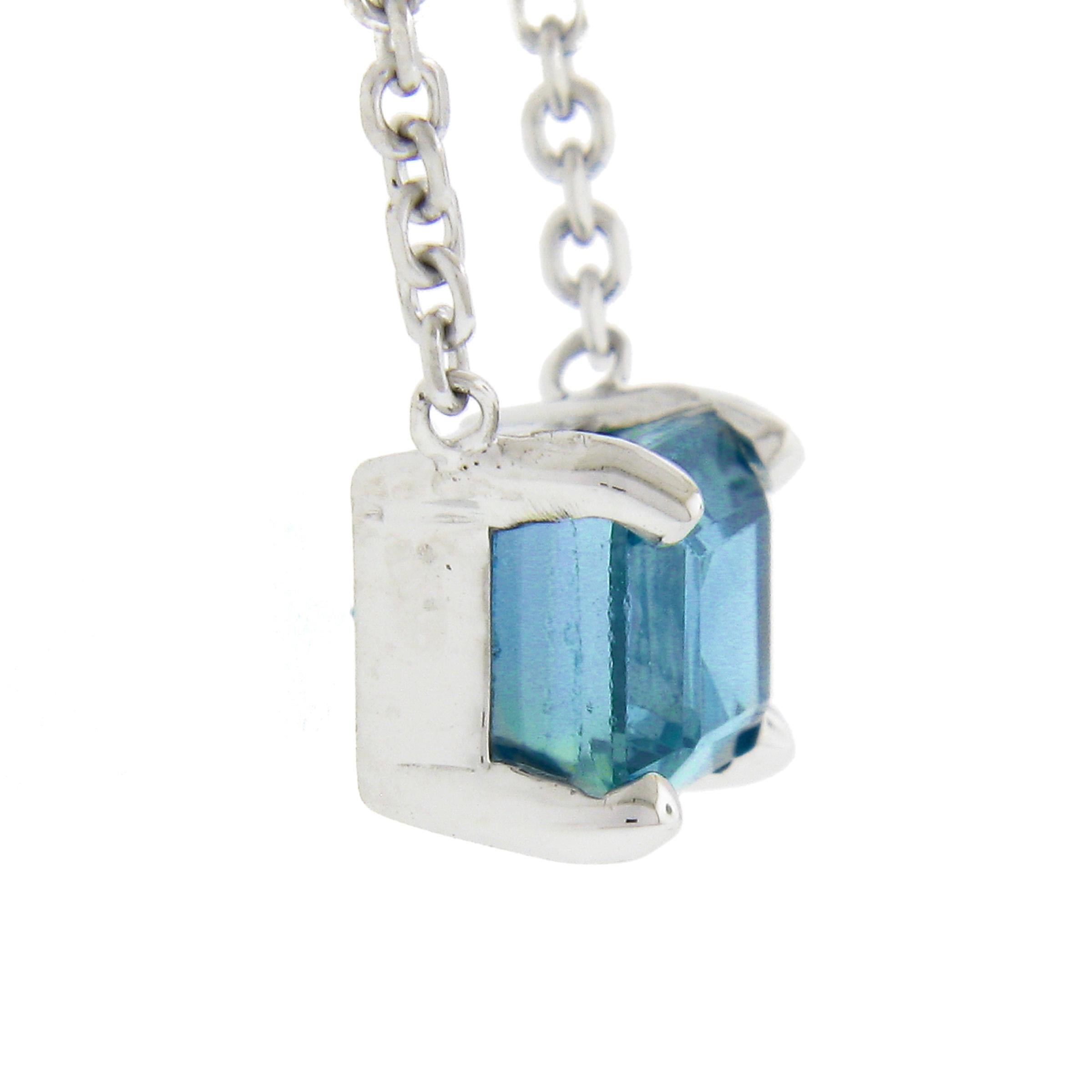 New 14K White Gold Rectangular Cut Prong Blue Zircon Solitaire Pendant & Chain In New Condition For Sale In Montclair, NJ