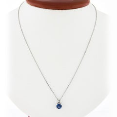 NEW 14k White Gold Round Prong Sapphire Solitaire Pendant & Cable Chain Necklace