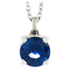 NEW 14k White Gold Round Prong Sapphire Solitaire Pendant & Cable Chain Necklace