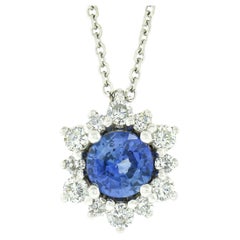 New 14k White Gold Round Sapphire & Diamond Halo Cluster Pendant Necklace