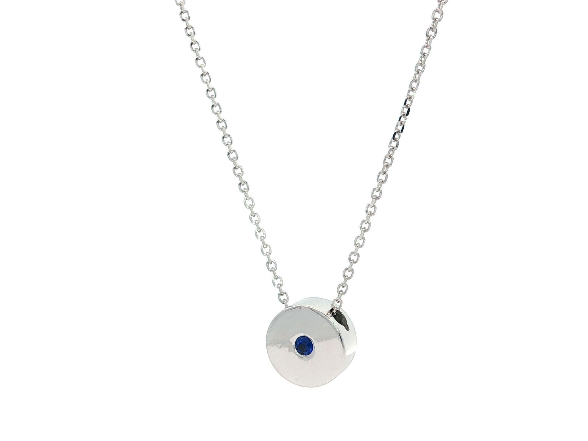 New 14k White Gold Sapphire Round Disk Circle Slide Pendant Necklace Pour femmes en vente
