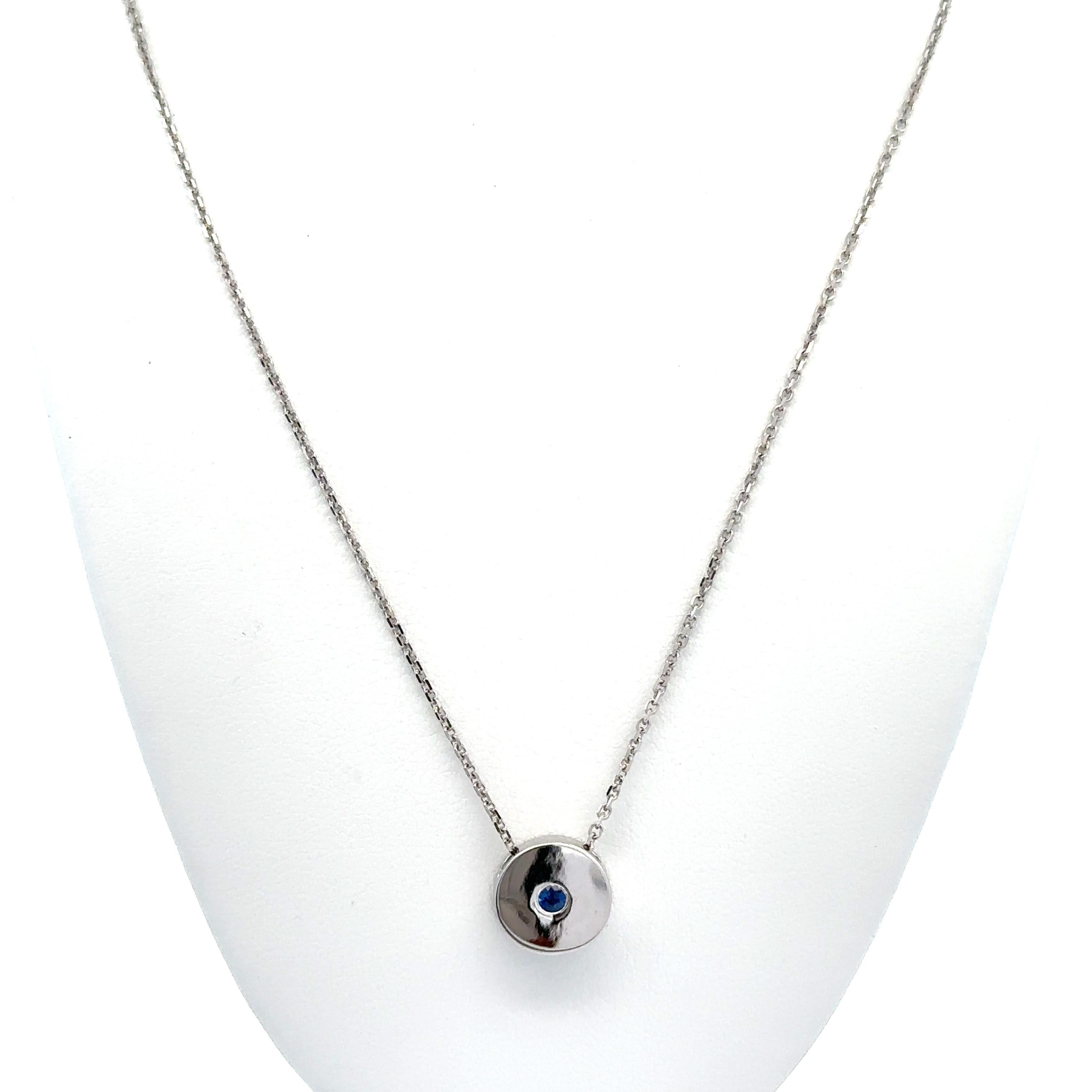 New 14k White Gold Sapphire Round Disk Circle Slide Pendant Necklace en vente 2