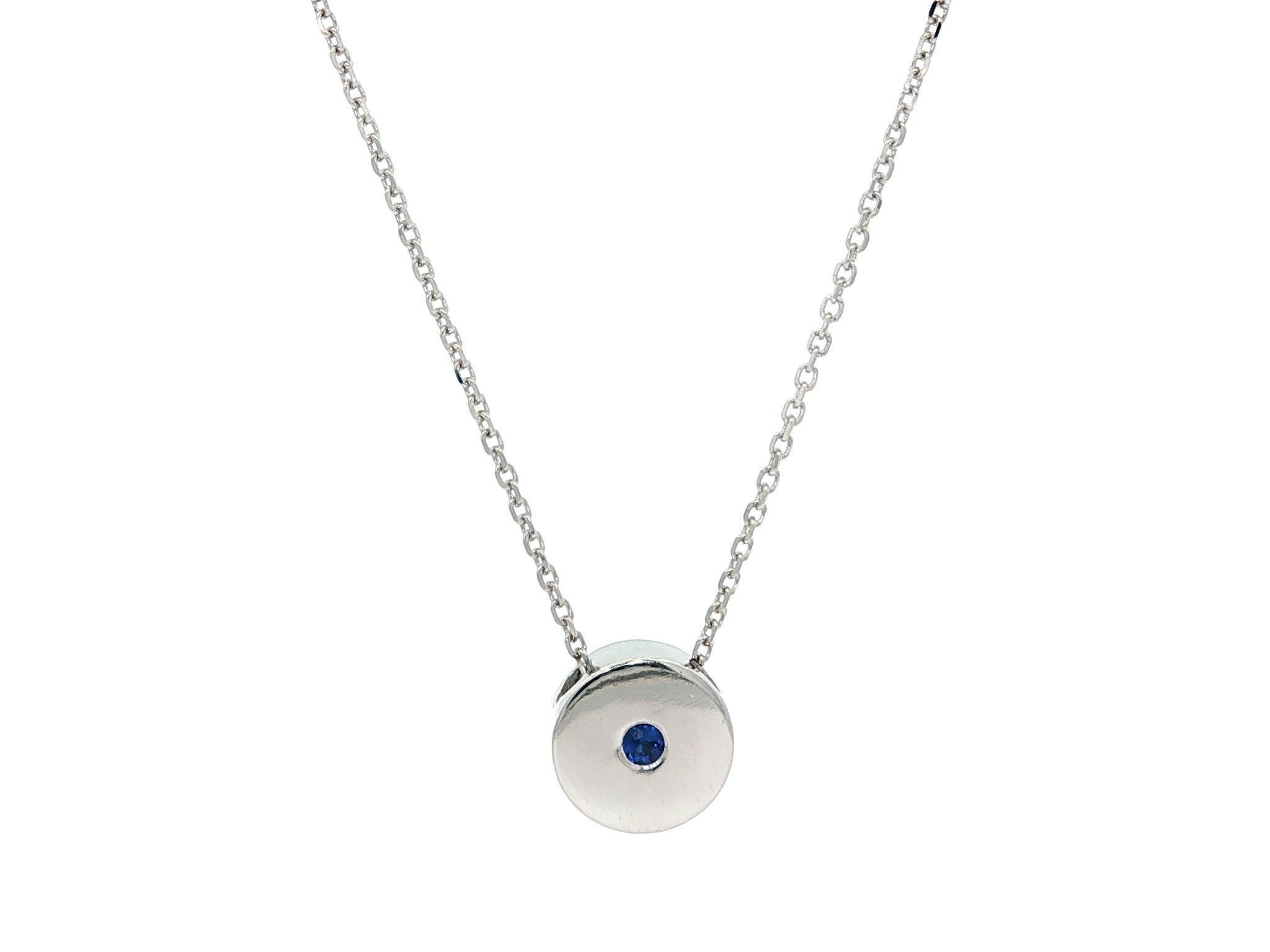 New 14k White Gold Sapphire Round Disk Circle Slide Pendant Necklace en vente