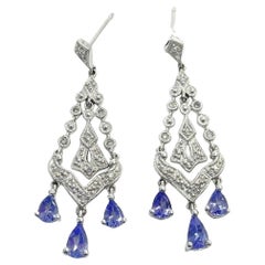 New 14K White Gold 3 Carat Tanzanite & Diamond Chandelier Earrings - Post