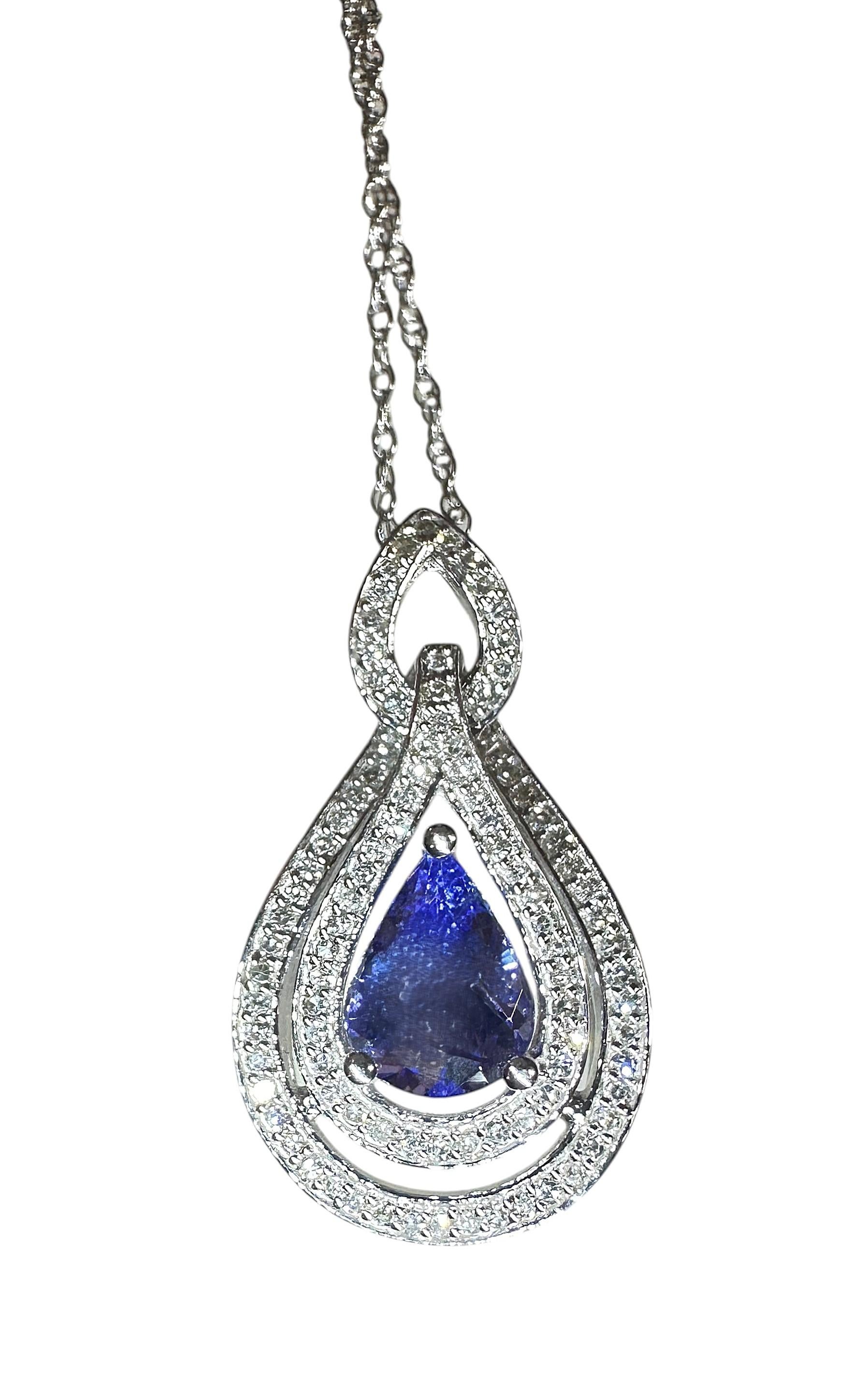 Art Déco New 14K White Gold 1.30 Carat Tanzanite & Diamond Pendant Necklace 18