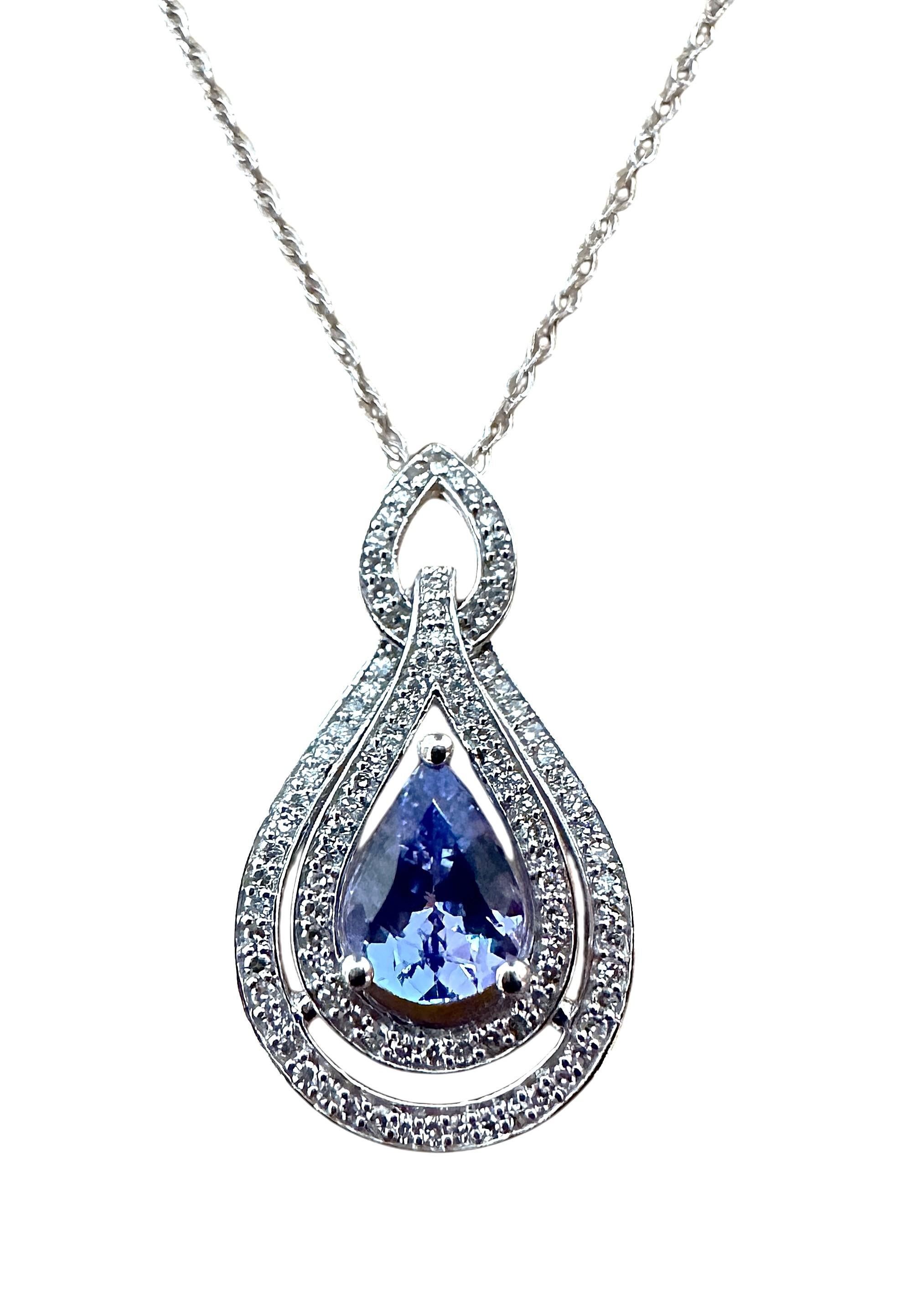 New 14K White Gold 1.30 Carat Tanzanite & Diamond Pendant Necklace 18