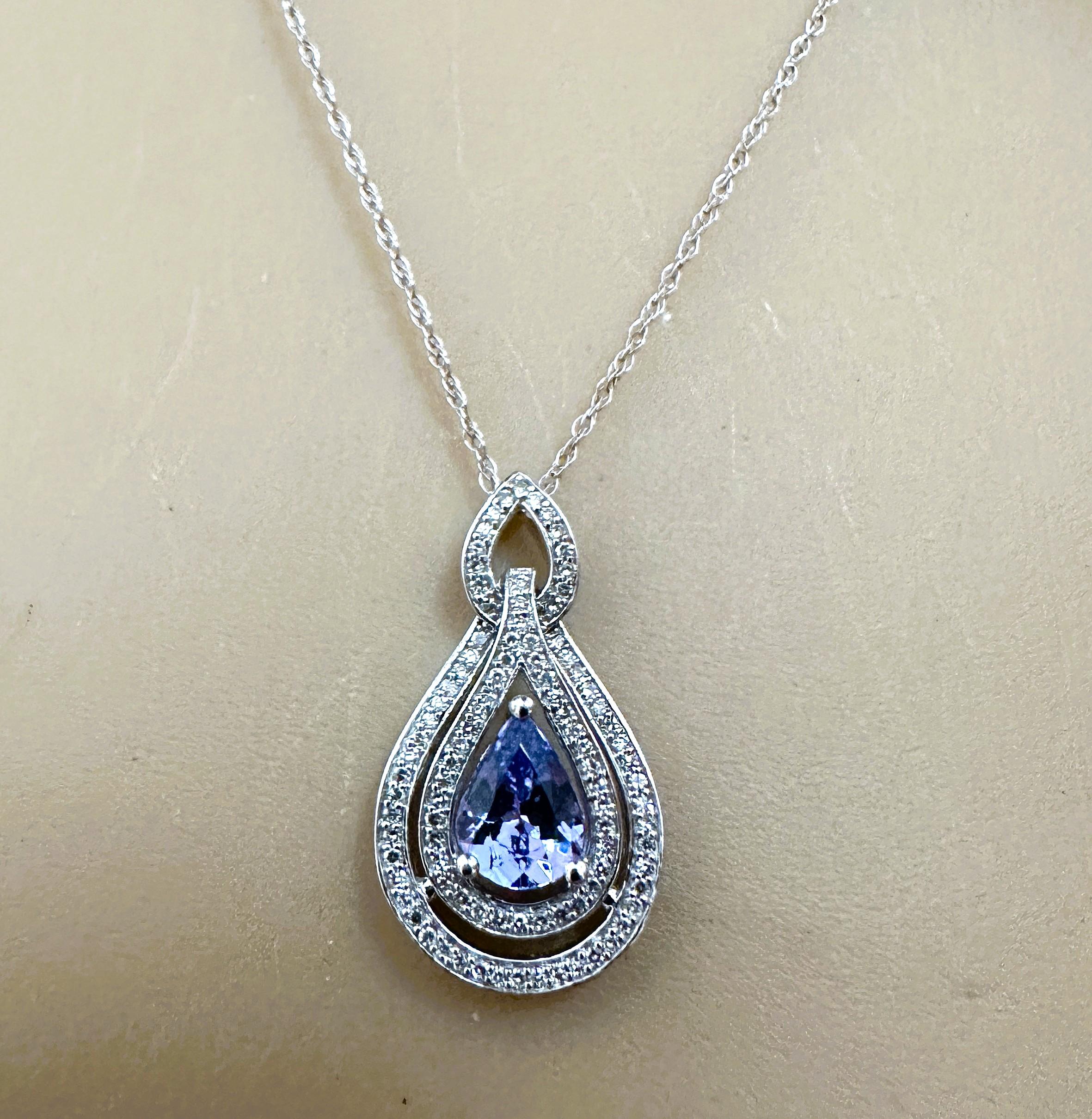 New 14K White Gold 1.30 Carat Tanzanite & Diamond Pendant Necklace 18