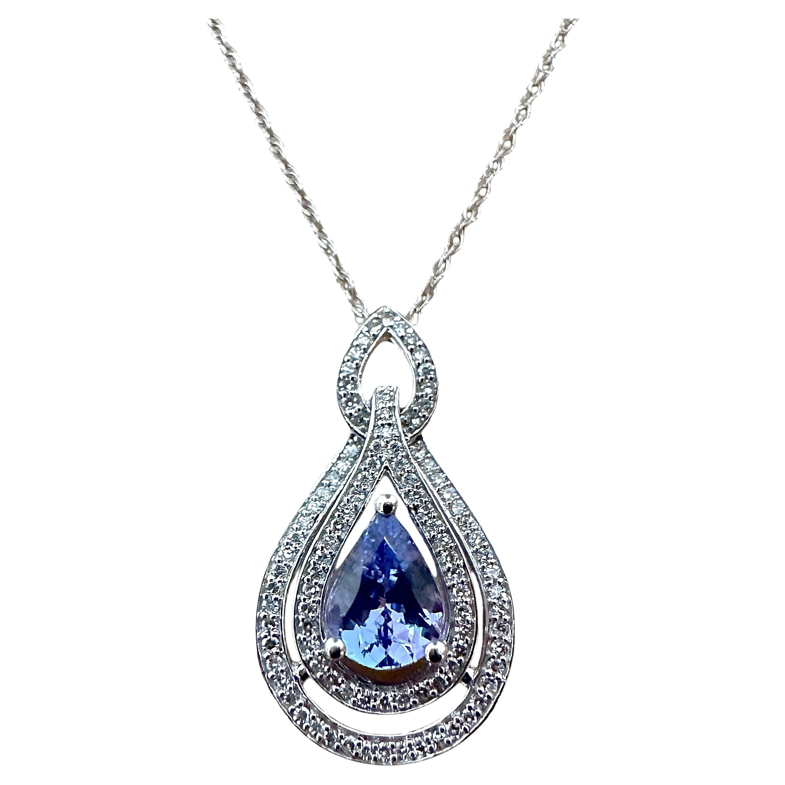 New 14K White Gold 1.30 Carat Tanzanite & Diamond Pendant Necklace 18"