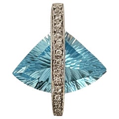New 14k White Gold Trillion Cut Blue Topaz & White Sapphire Pendant