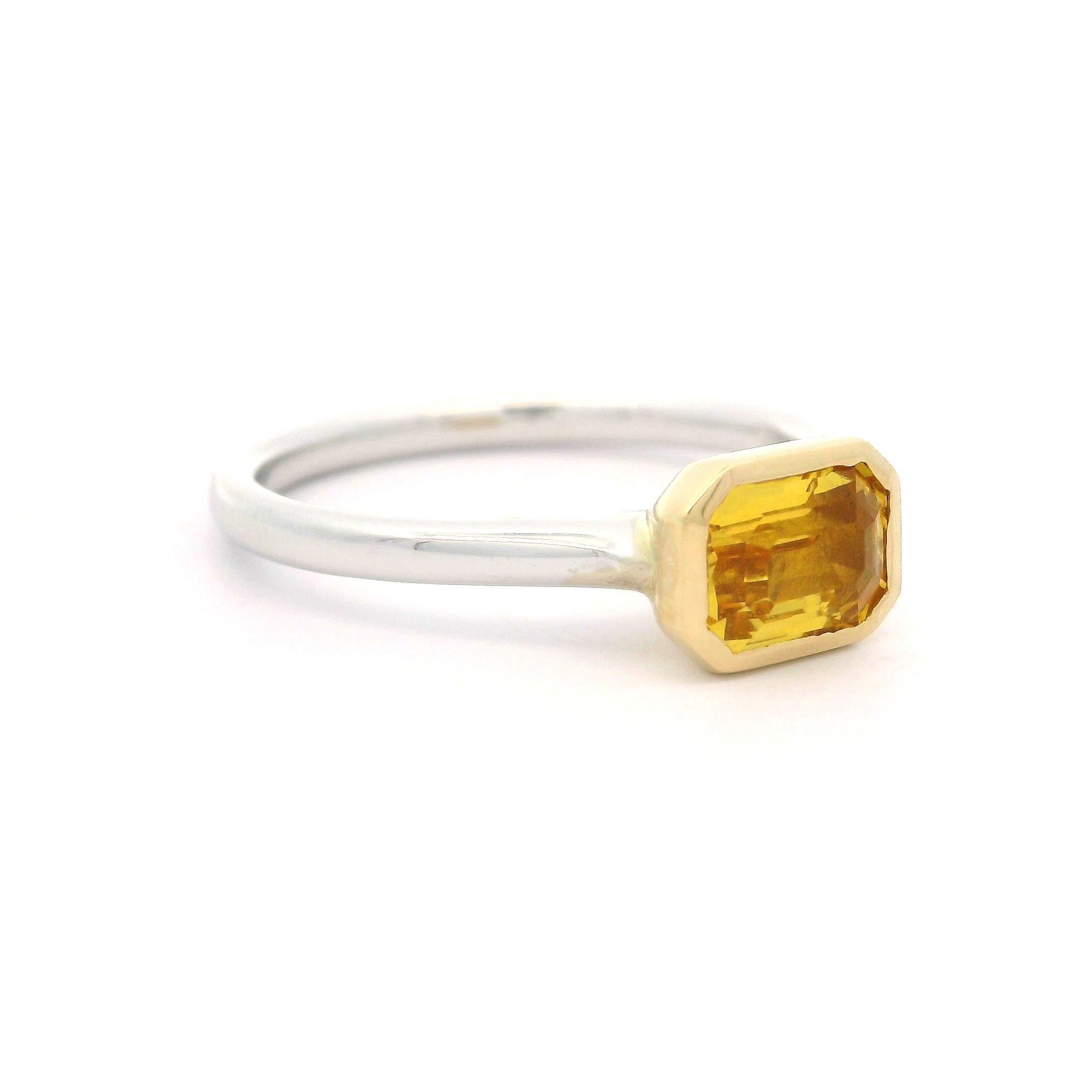 New 14k White & Yellow Gold 1.09ct Emerald Cut Yellow Sapphire Solitaire Ring In New Condition For Sale In Montclair, NJ