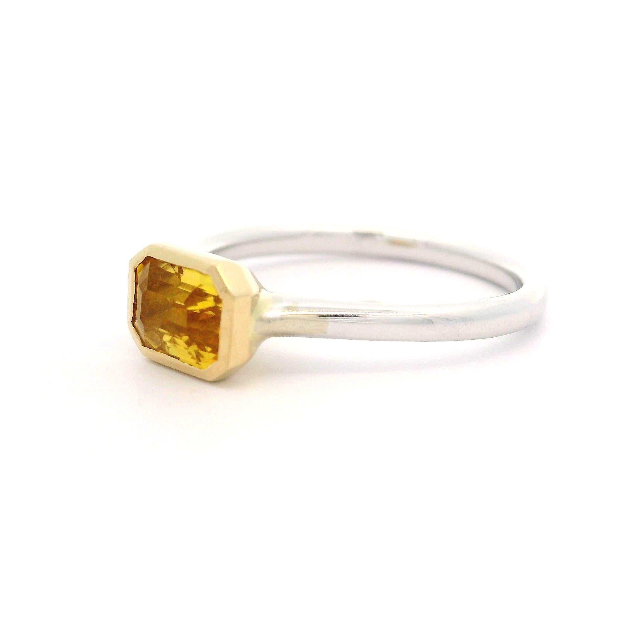 Women's New 14k White & Yellow Gold 1.09ct Emerald Cut Yellow Sapphire Solitaire Ring For Sale