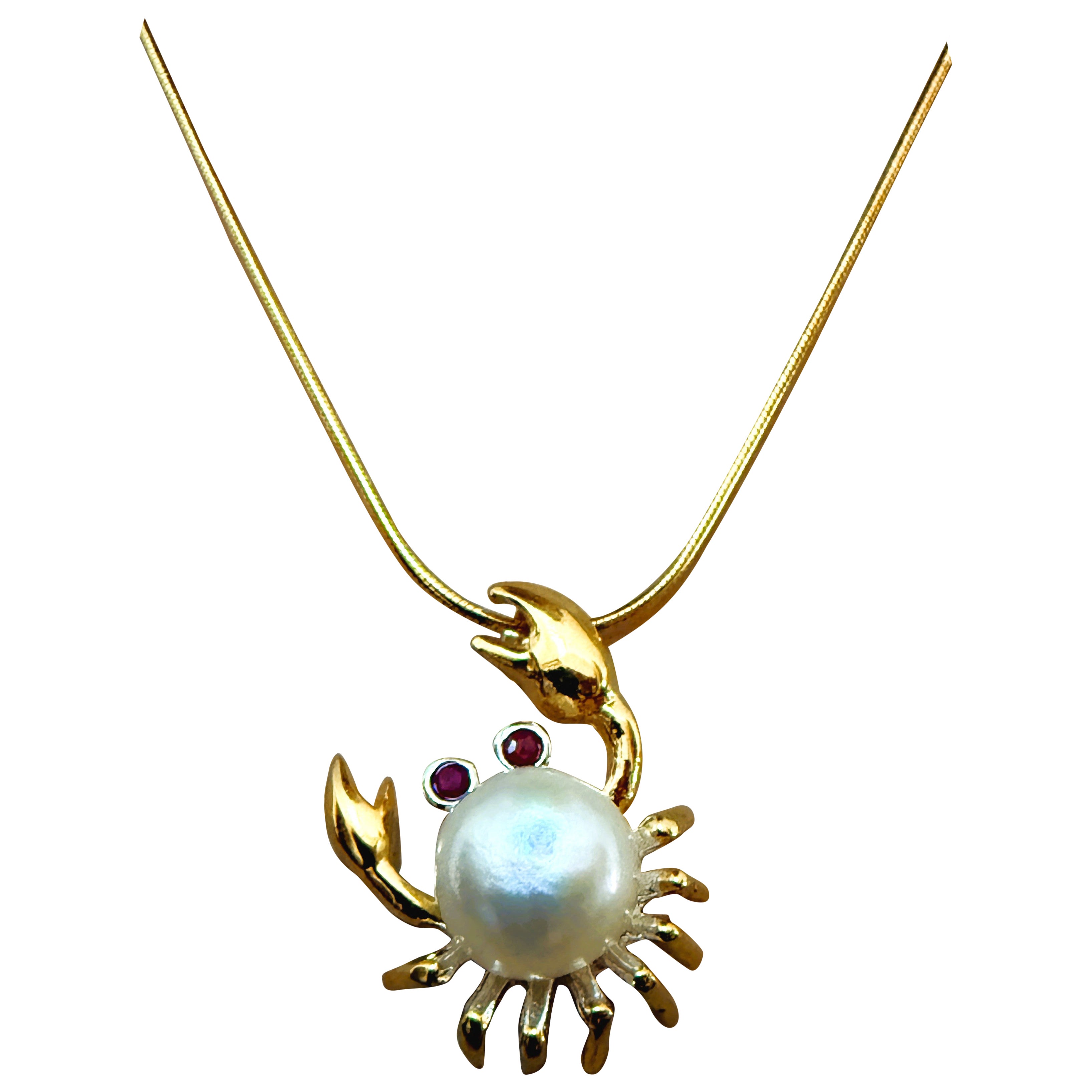 New 14k White 
Yellow Gold PL Myanmar Ruby 
Pearl Crab Pendant Necklace