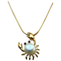 New 14k White & Yellow Gold PL Myanmar Ruby & Pearl Crab Pendant Necklace