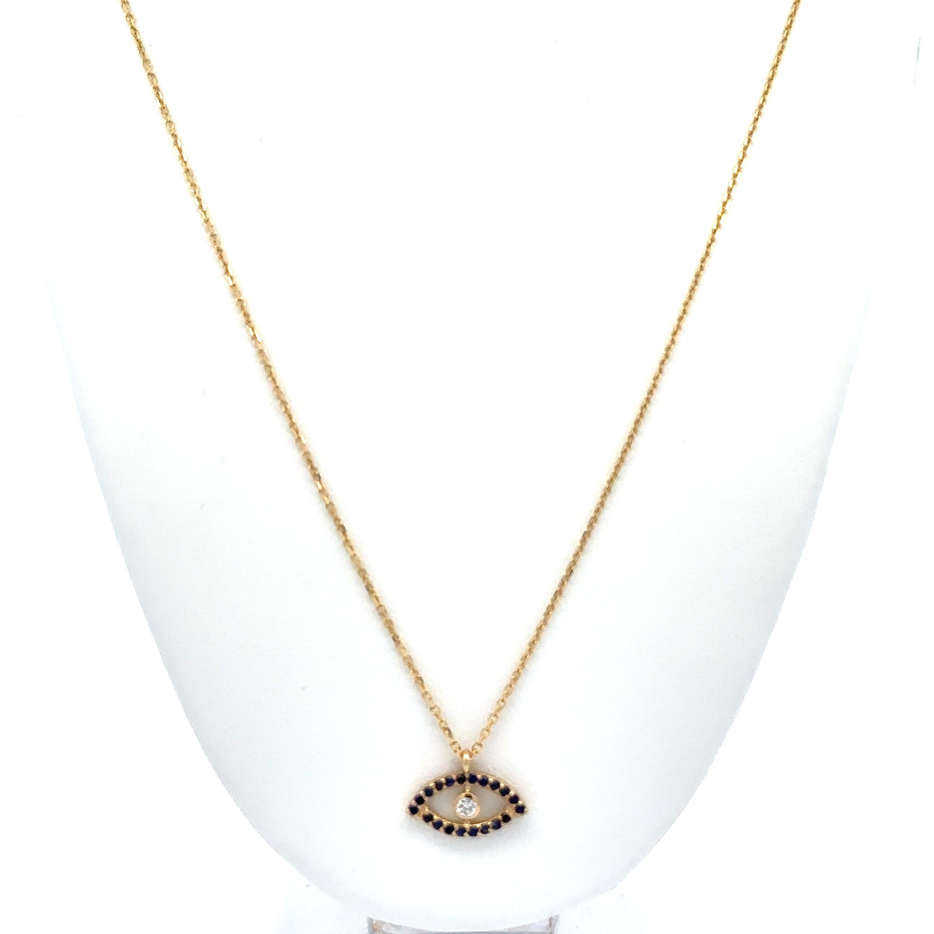 Taglio brillante New 14k Yellow Gold 0.17ctw Sapphire & Diamond Evil Eye Slide Pendant Necklace (Collana con ciondolo) in vendita