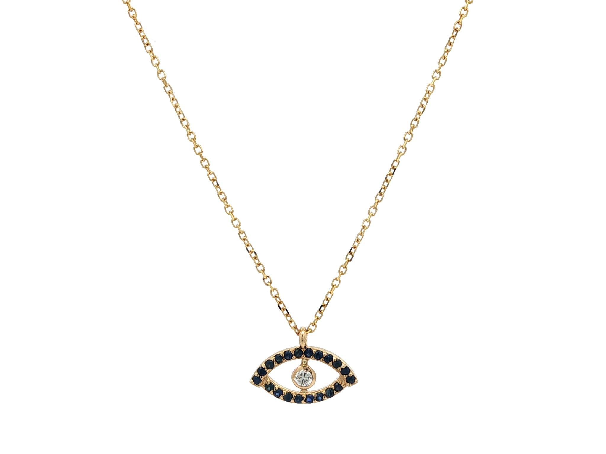 New 14k Yellow Gold 0.17ctw Sapphire & Diamond Evil Eye Slide Pendant Necklace (Collana con ciondolo) In condizioni Nuovo in vendita a Montclair, NJ