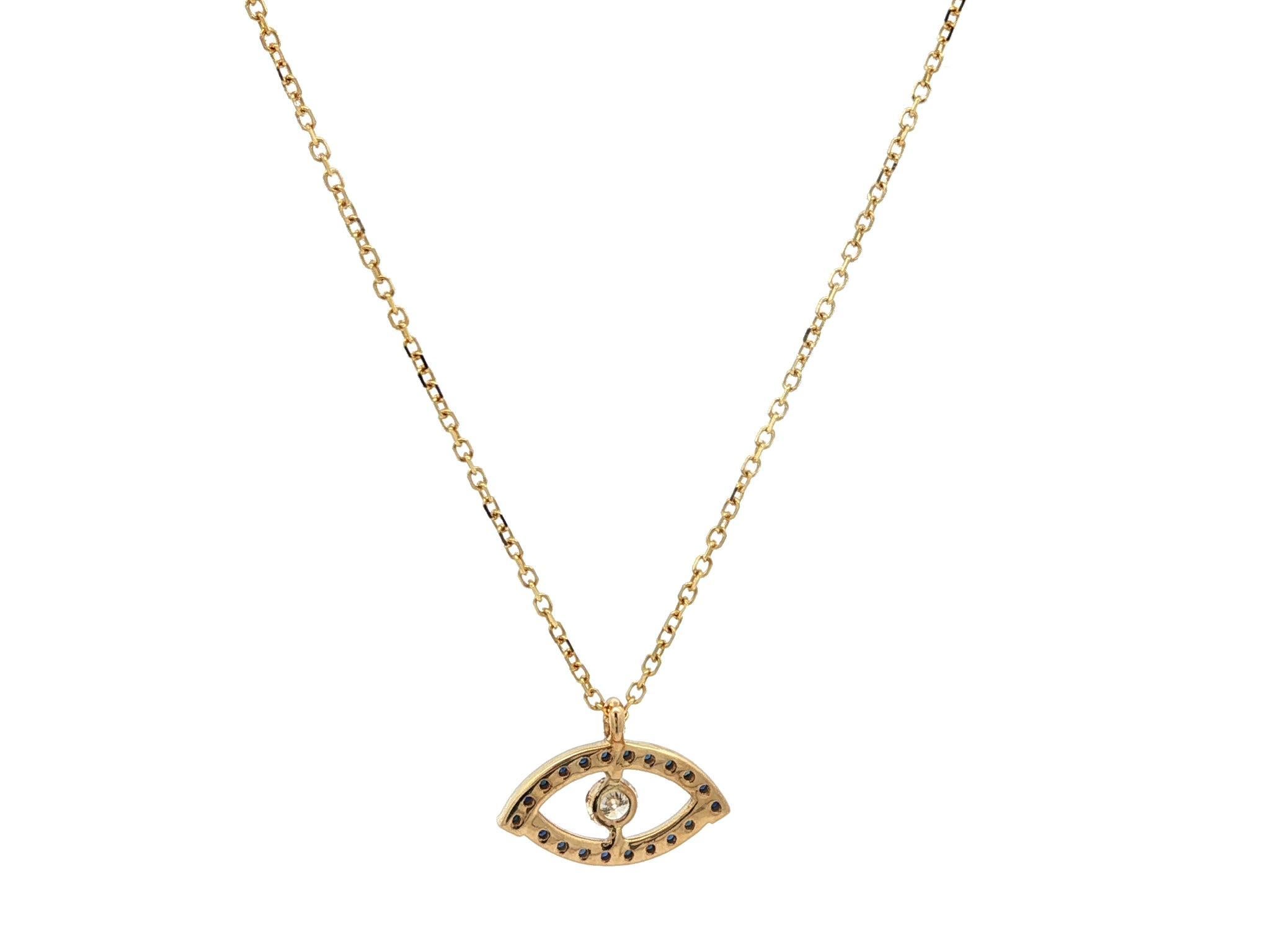 New 14k Yellow Gold 0.17ctw Sapphire & Diamond Evil Eye Slide Pendant Necklace (Collana con ciondolo) in vendita 1