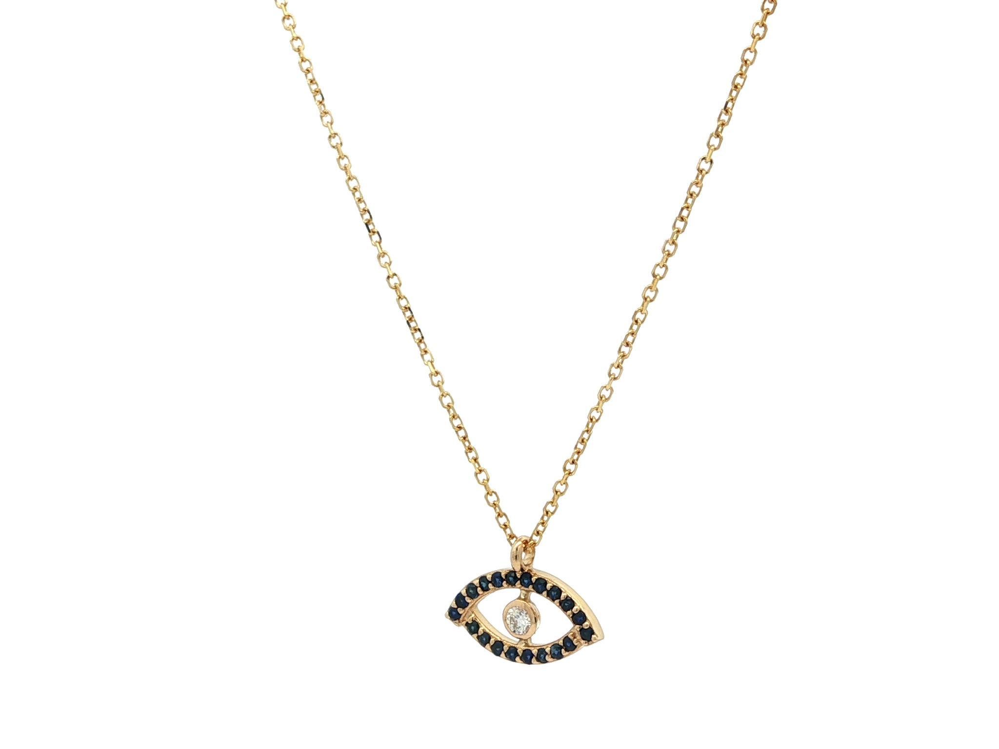 New 14k Yellow Gold 0.17ctw Sapphire & Diamond Evil Eye Slide Pendant Necklace (Collana con ciondolo) in vendita 2