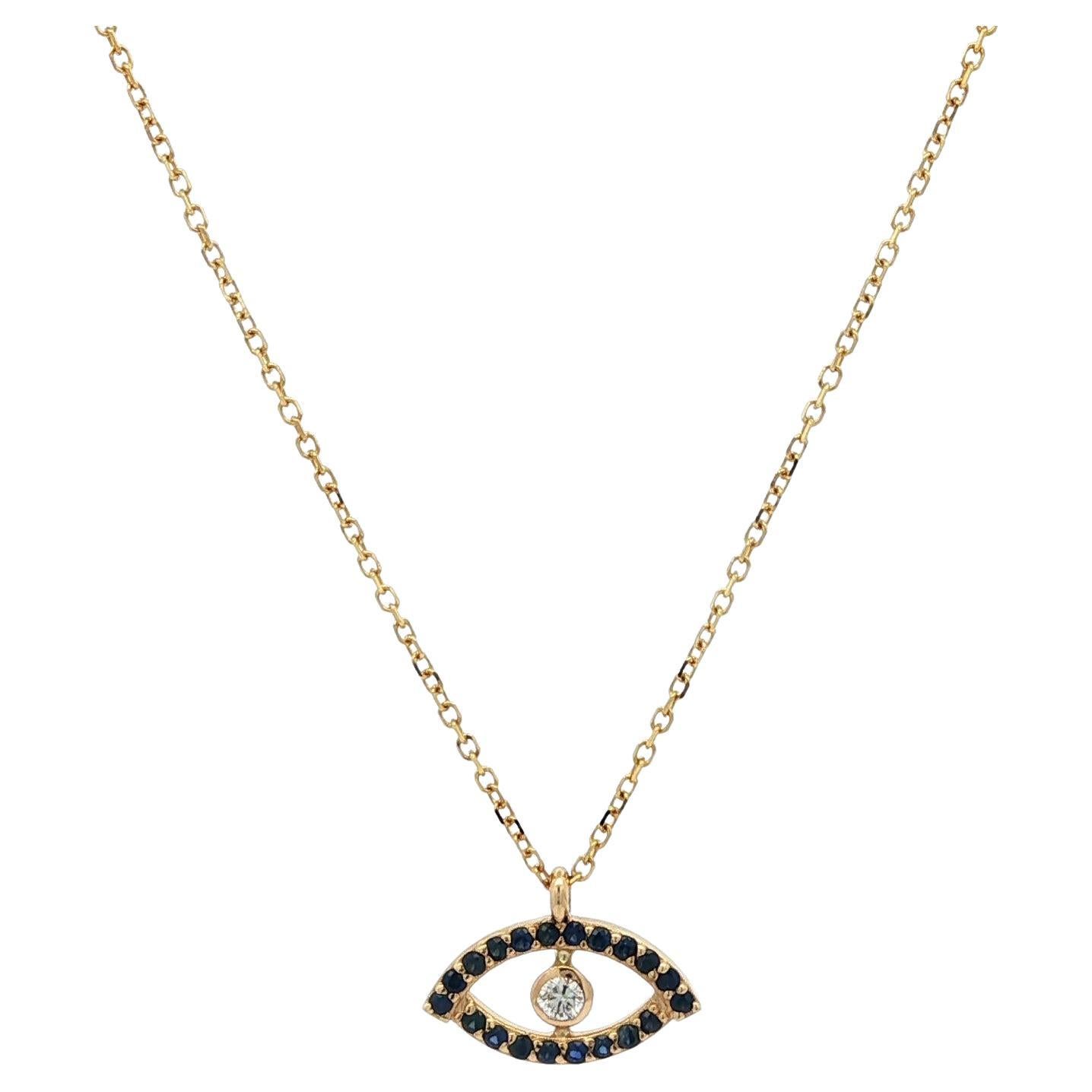 New 14k Yellow Gold 0.17ctw Sapphire & Diamond Evil Eye Slide Pendant Necklace (Collana con ciondolo)