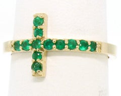 NEW 14k Yellow Gold 0.25ctw Round Green Emerald Curved Sideways Cross Band Ring