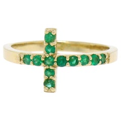 NEW 14k Yellow Gold 0.25ctw Round Green Emerald Curved Sideways Cross Band Ring