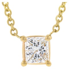 NEW 14k Yellow Gold 0.49ct Princesse Cut Prong Diamond Solitaire Pendant Necklace