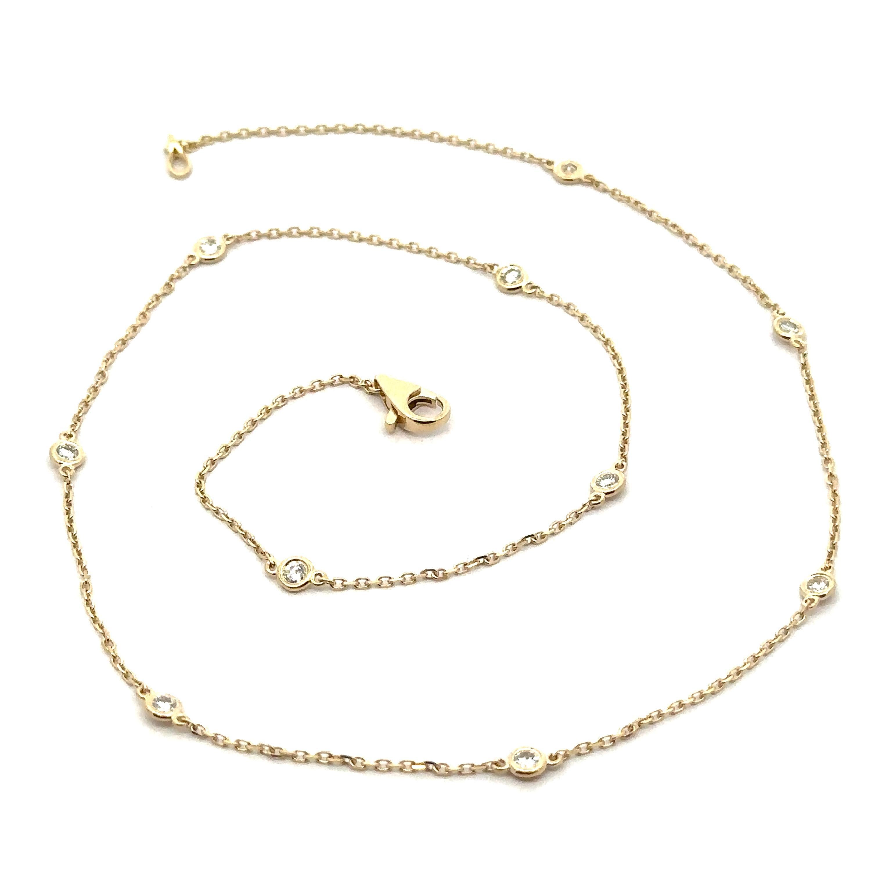 Brilliant Cut New 14k Yellow Gold 0.64ctw Round Diamond By The Yard 10 Station Chain Necklace For Sale