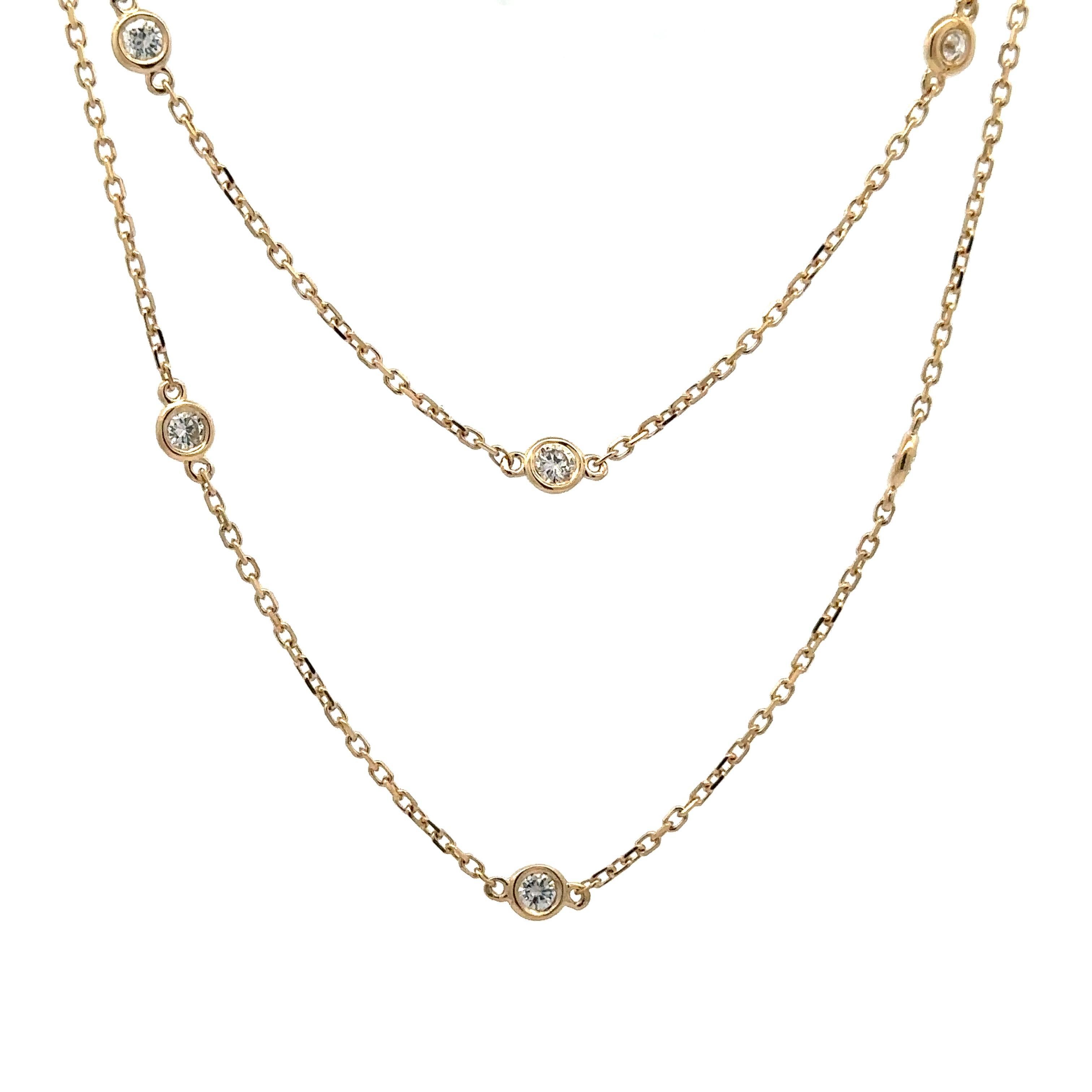 Women's New 14k Yellow Gold 0.64ctw Round Diamond By The Yard 10 Station Chain Necklace For Sale
