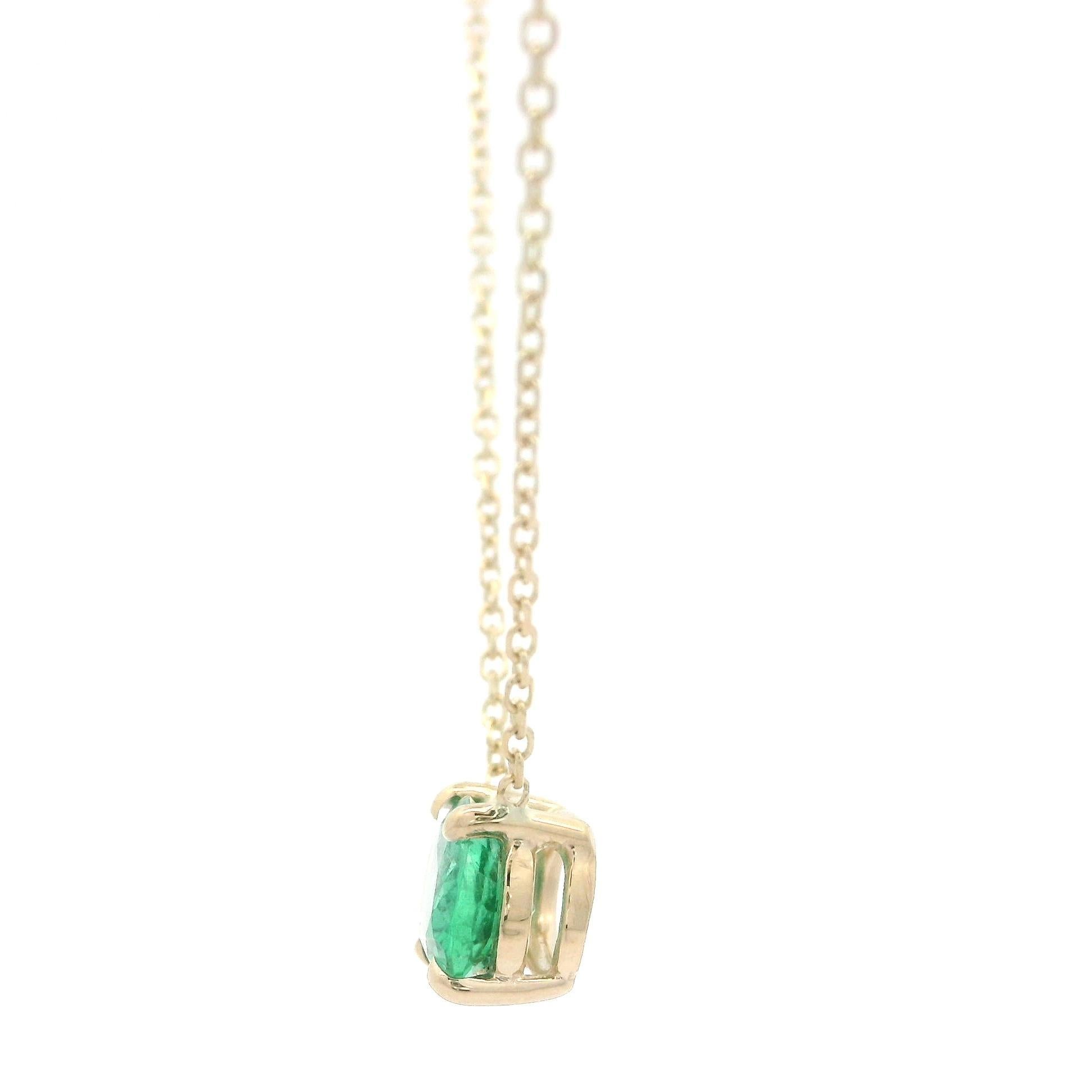 --Stone(s):--
(1) Natural Genuine Emerald - Oval Cut - Prong Set - Green Color - 7.2x5.3mm - 0.70ct (exact)

Material: Solid 14k Yellow Gold
Weight: 1.89 Grams
Chain Type: 0.5mm Cable Link
Chain Length: Adjustable 16