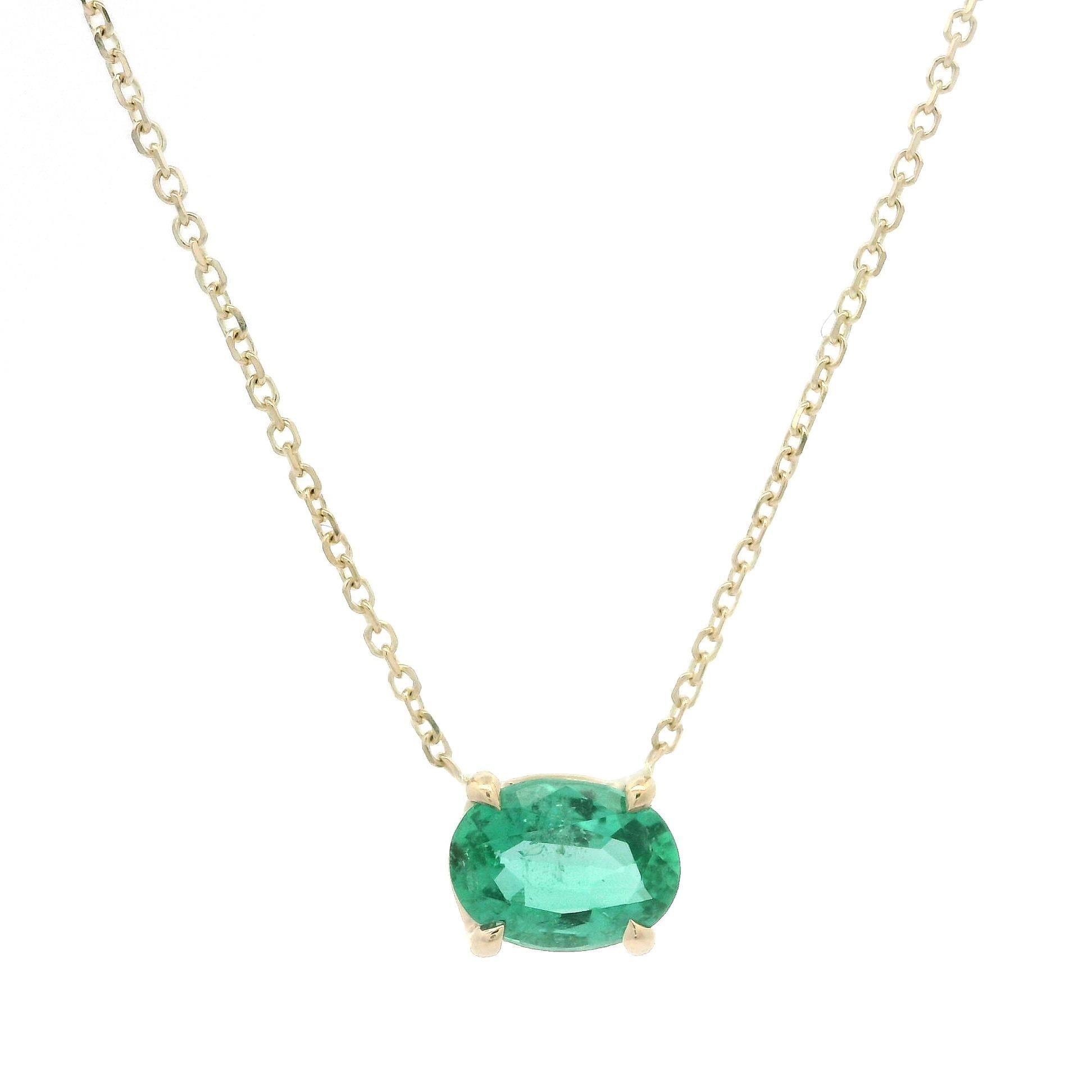 New 14k Yellow Gold 0.70ctw Oval Emerald Solitaire Pendant Adjustable Necklace In New Condition For Sale In Montclair, NJ