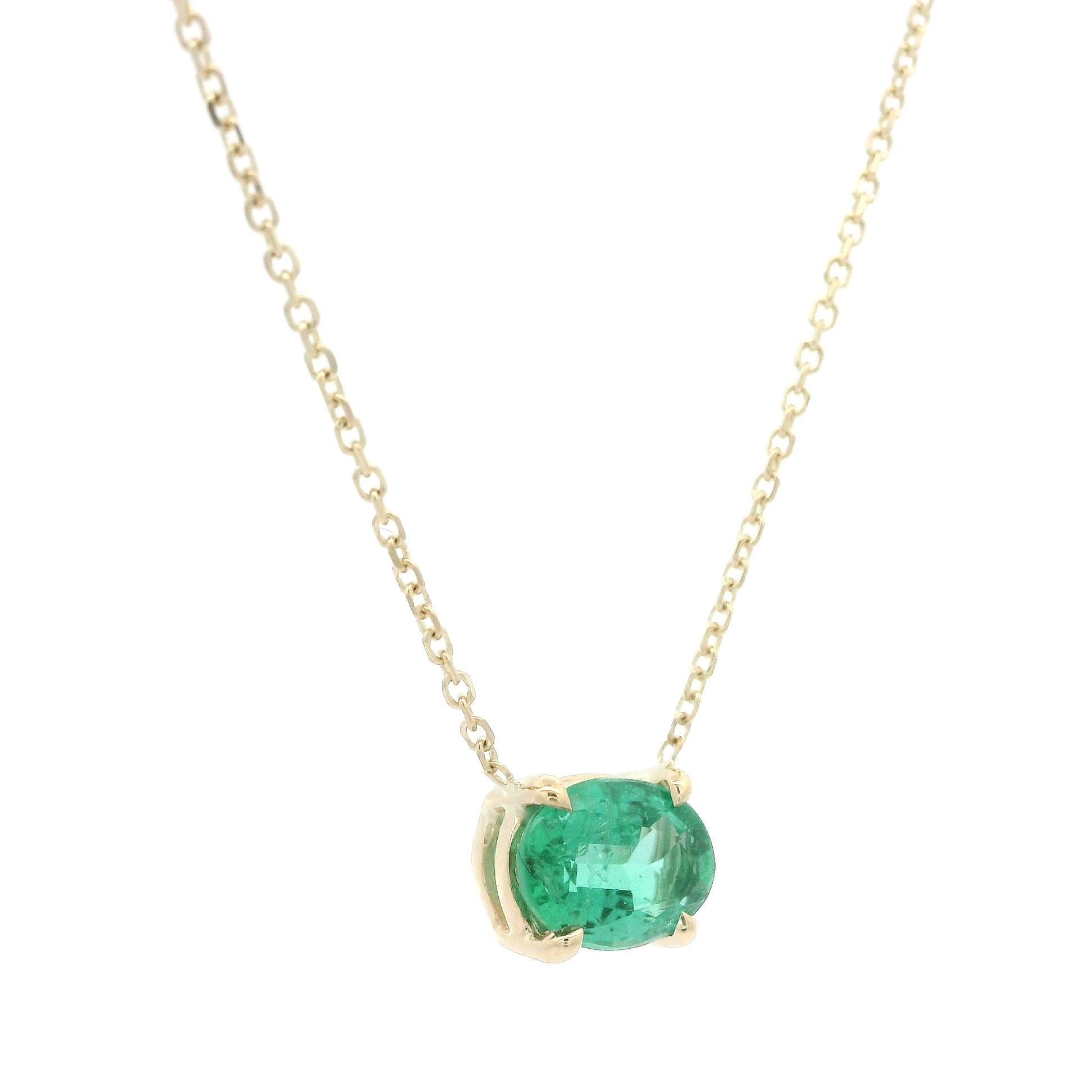 Women's New 14k Yellow Gold 0.70ctw Oval Emerald Solitaire Pendant Adjustable Necklace For Sale