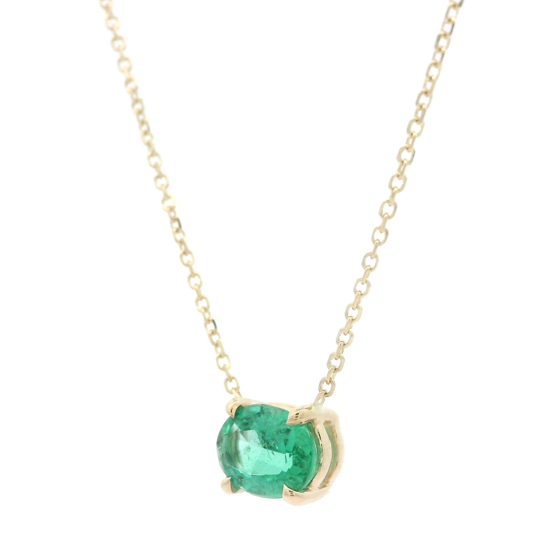 New 14k Yellow Gold 0.70ctw Oval Emerald Solitaire Pendant Adjustable Necklace For Sale 1