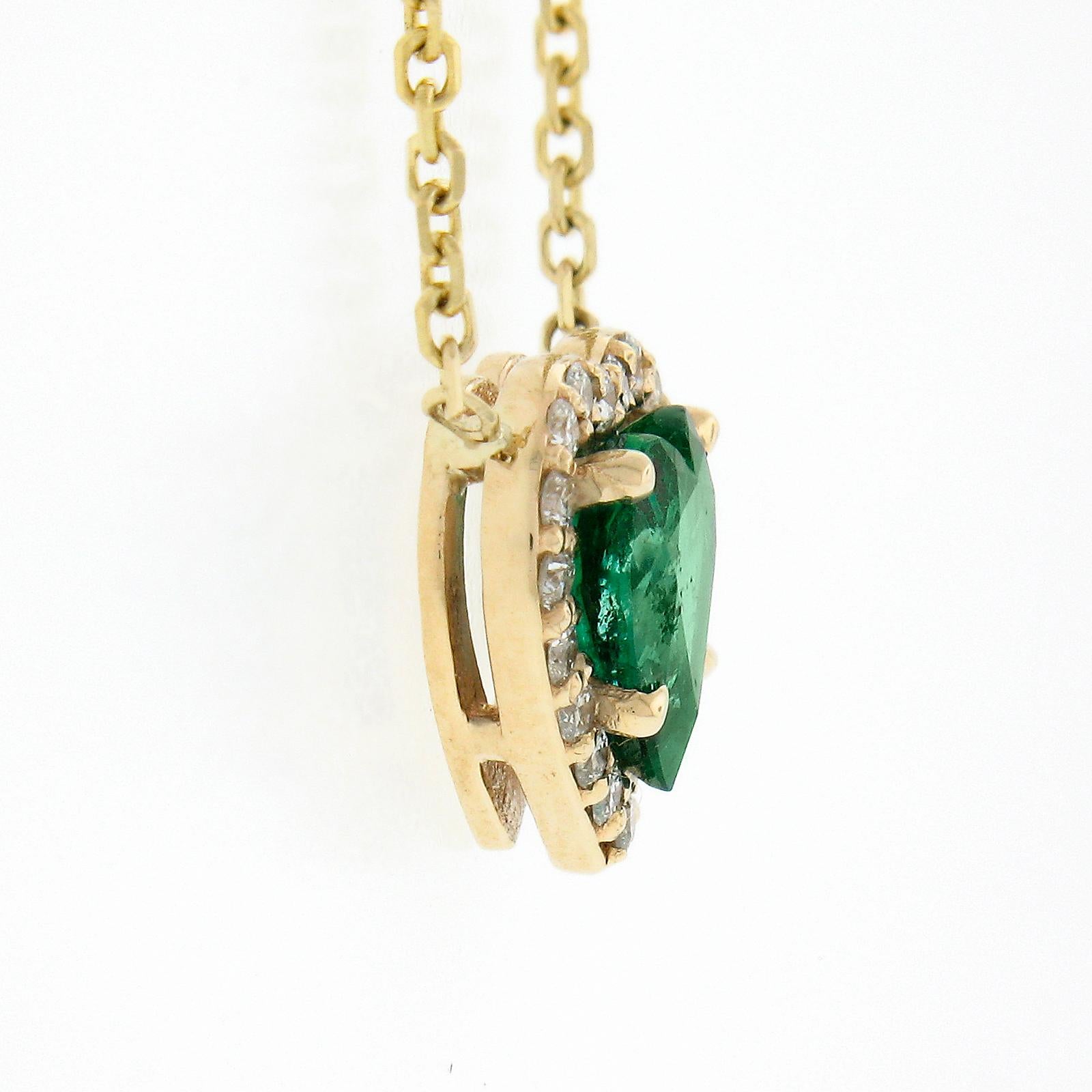 Women's NEW 14K Yellow Gold 0.75ctw Heart Cut Emerald w/ Diamond Halo Pendant & Chain For Sale