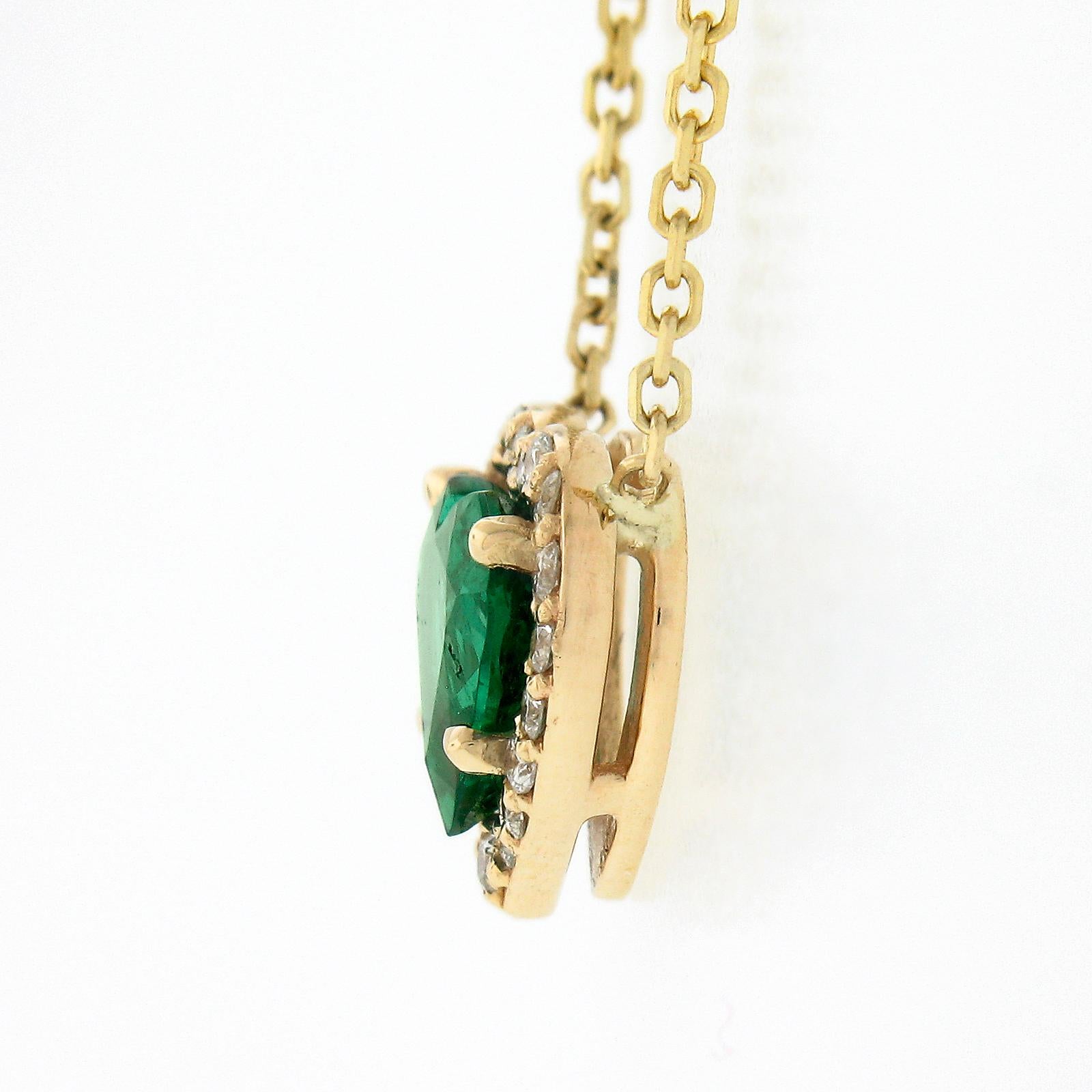 NEW 14K Yellow Gold 0.75ctw Heart Cut Emerald w/ Diamond Halo Pendant & Chain For Sale 1