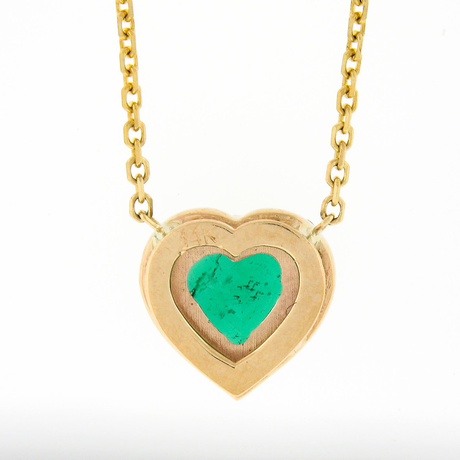 NEW 14K Yellow Gold 0.75ctw Heart Cut Emerald w/ Diamond Halo Pendant & Chain For Sale 2