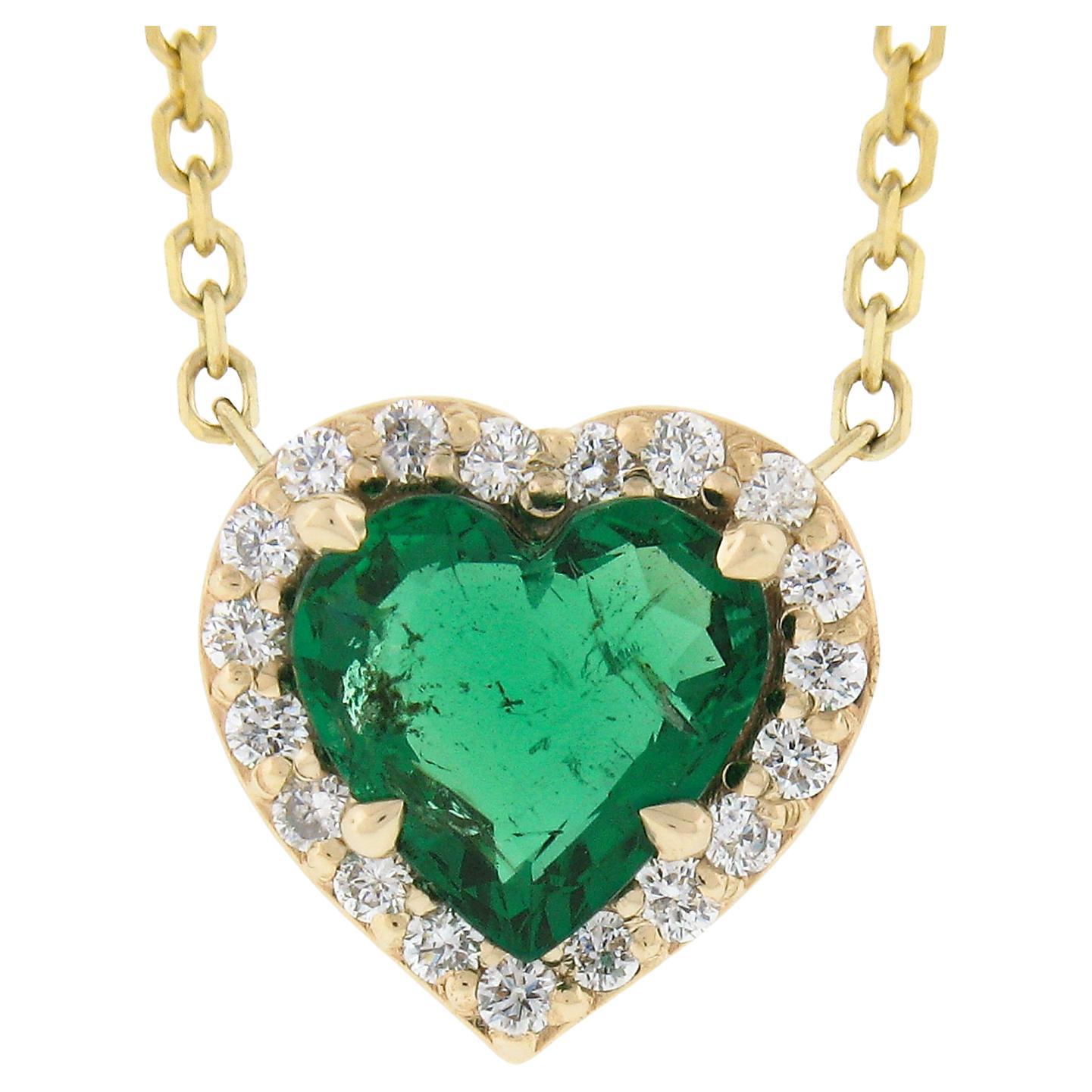 NEW 14K Yellow Gold 0.75ctw Heart Cut Emerald w/ Diamond Halo Pendant & Chain