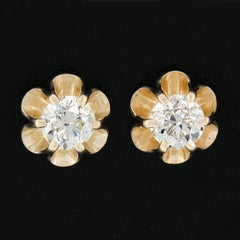 NEW 14K Yellow Gold 0.76ct European Diamond Buttercup Prong Flower Stud Earrings