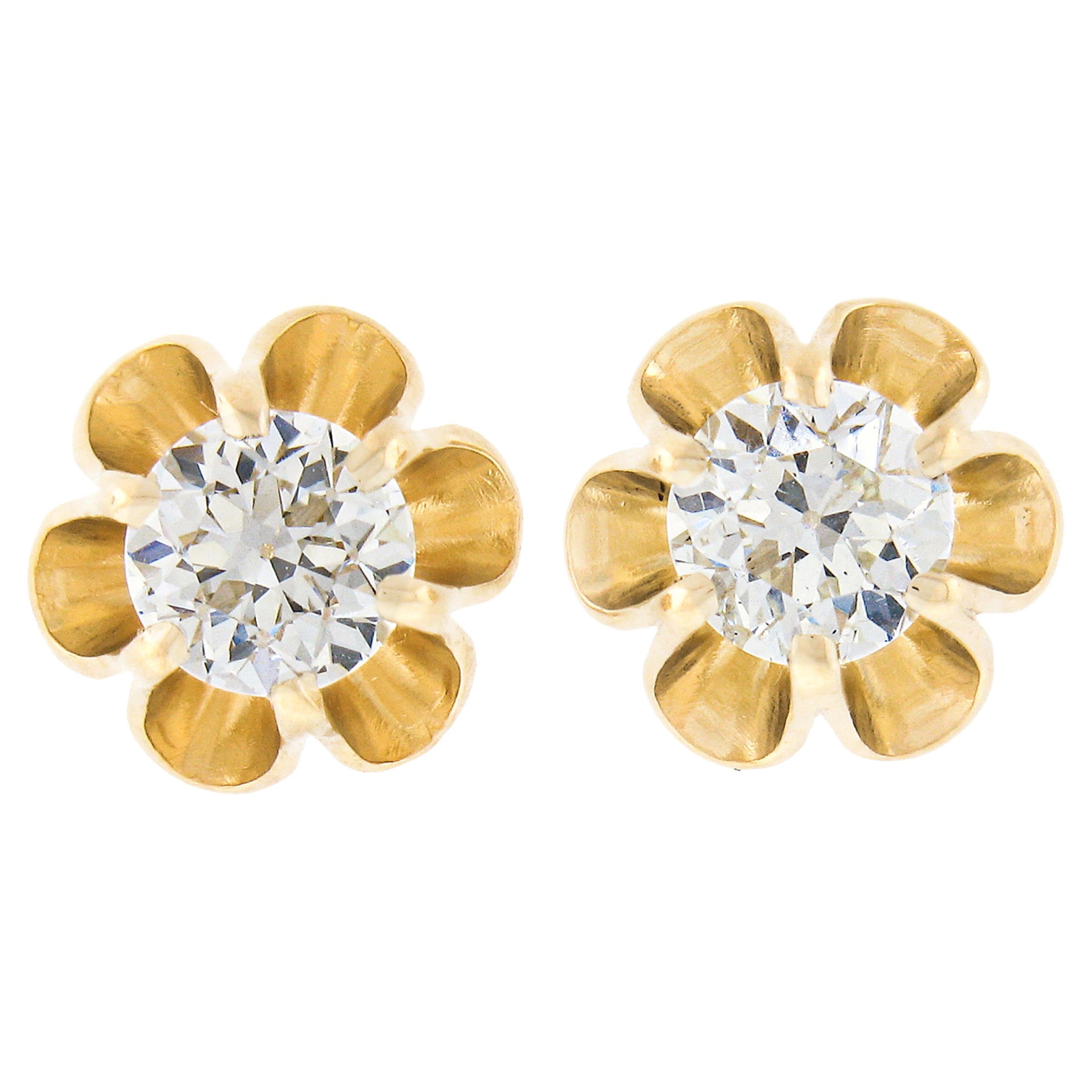 NEW 14K Yellow Gold 0.76ct European Diamond Buttercup Prong Flower Stud Earrings For Sale