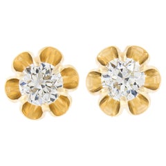 NEW 14K Yellow Gold 0.76ct European Diamond Buttercup Prong Flower Stud Earrings
